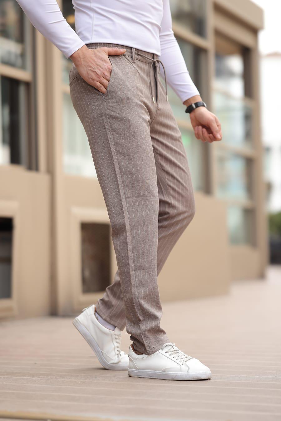 Çizgili Kumaş Vizon Jogger Pantolon