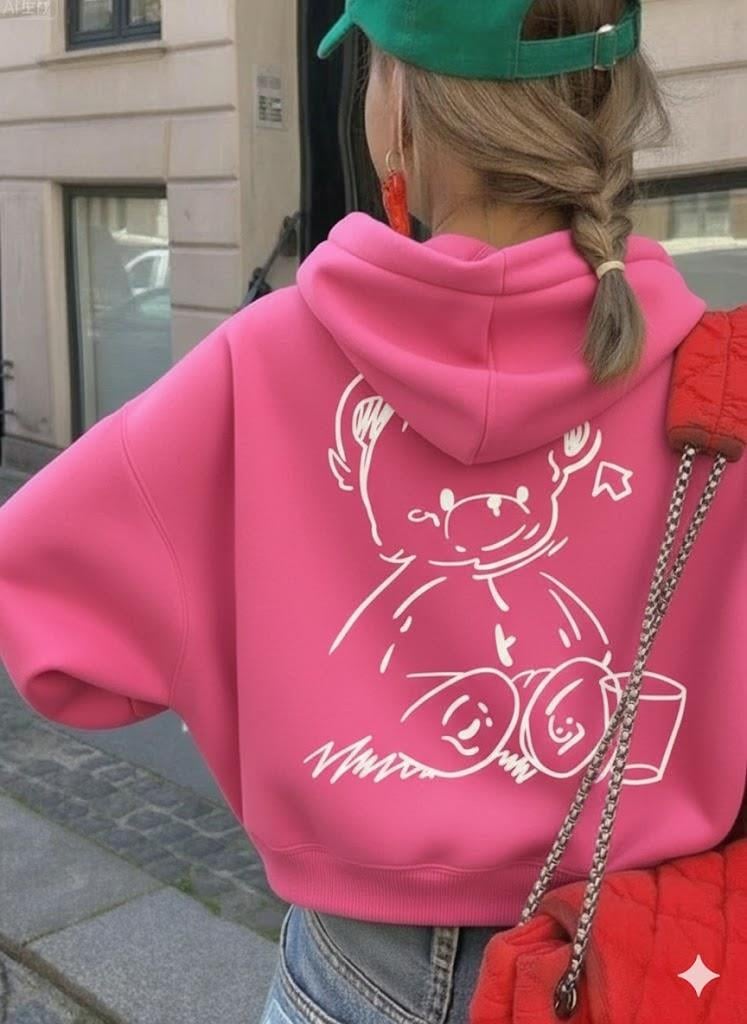 Çocuk Oversize Kapüşonlu Pembe Sweatshirt – Sevimli  Ayıcık Baskılı Kapüşonlu Sweatshirt