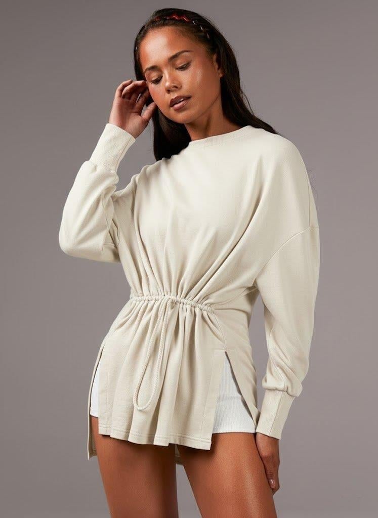 Ekru Beli Ayarlanabilir İpli Uzun Sweatshirt Tunik - Rahat Kalıp Günlük Kadın Üst