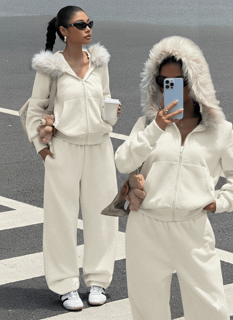 Ekru Siyah Fermuarlı Kapüşonlu Sweatshirt Eşfoman Takımı – Kürklü Kapüşon, Cepli, Rahat Kalıp