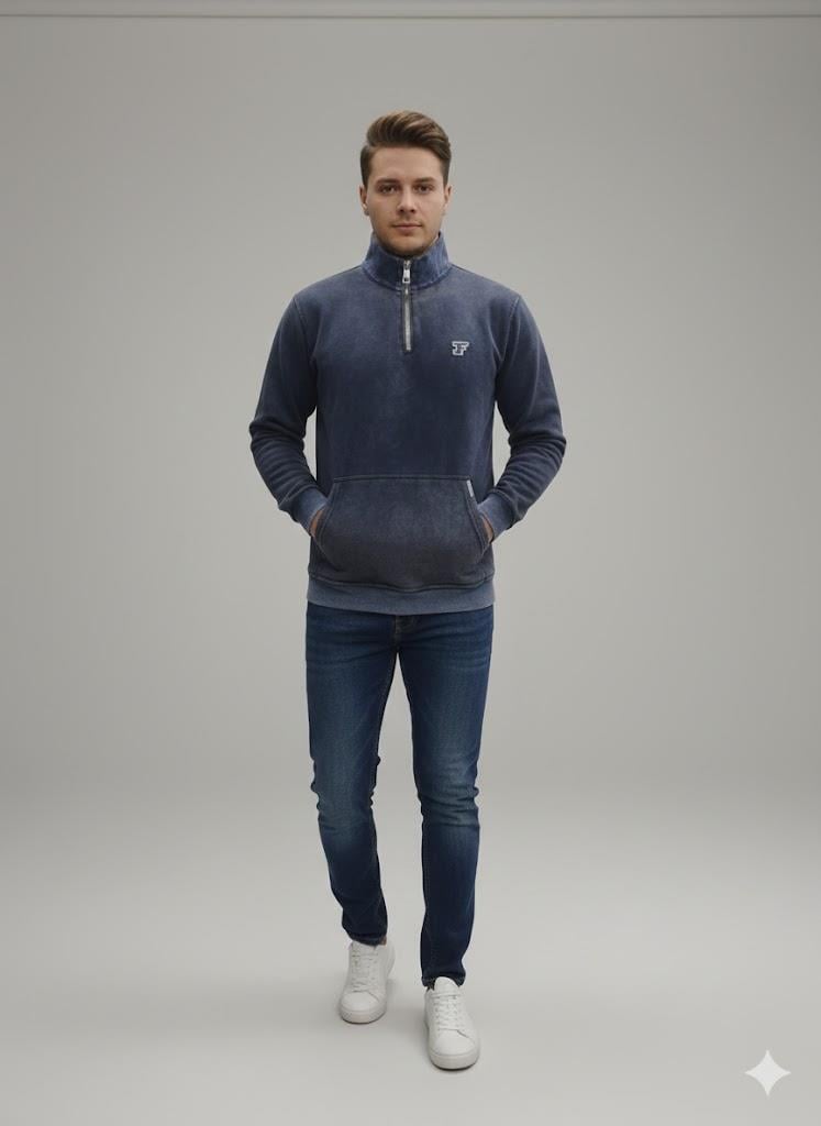 Erkek Lacivert Yıkamalı Efektli Yarım Fermuarlı %100 Pamuk 3 İplik Sweatshirt