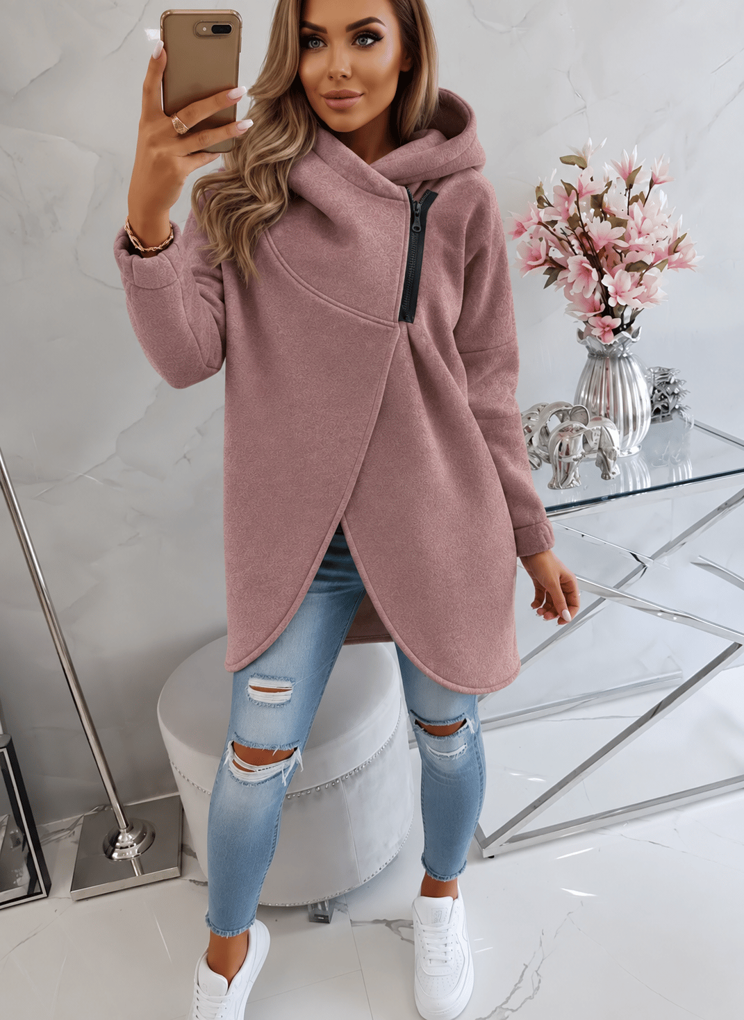 Gül Kurusu Kadın Asimetrik Fermuarlı Oversize Kapüşonlu Sweatshirt – Kalın Kumaş – Rahat Günlük Tarz
