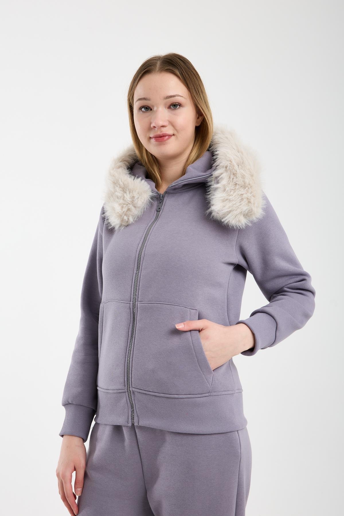 Kadın Gri Kapüşonu Kürklü (Çıkarılabilir) Fermuarlı Sweatshirt ve Eşofman Altı Takım