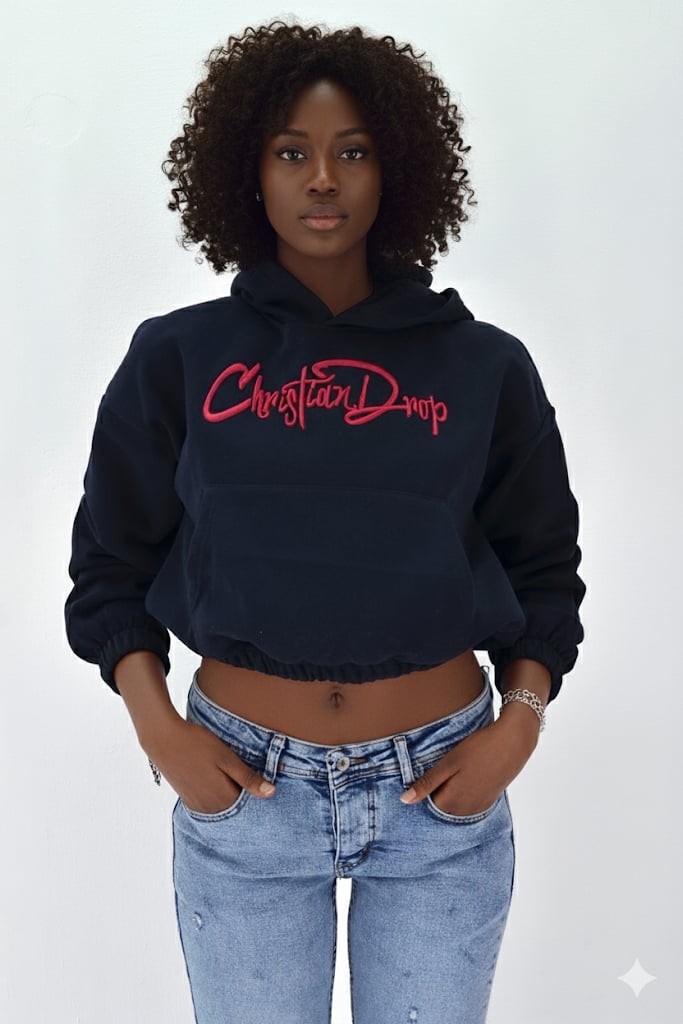 Kadın Neon Christian Drop Yazılı Kapüşonlu Crop Kesim Lacivert Sweatshirt Nakış İşlemeli