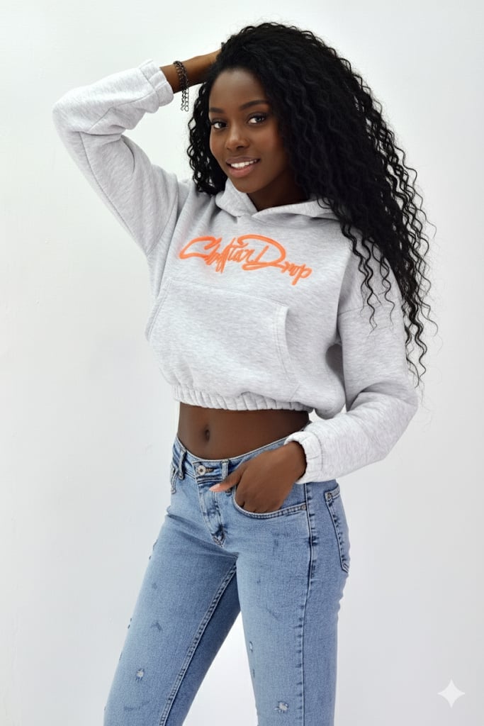 Kadın Neon Christian Drop Yazılı Kapüşonlu Crop Kesim Gri Sweatshirt Nakış İşlemeli