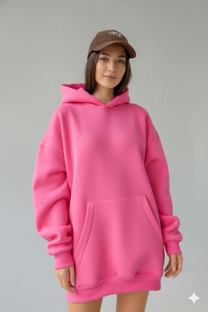 Kadın Oversize Pembe Sweatshirt  3 İplik Şardonlu Kapüşonlu Cepli – Rahat Kalıp