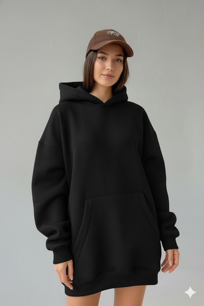 Kadın Oversize Siyah Sweatshirt  3 İplik Şardonlu Kapüşonlu Cepli – Rahat Kalıp