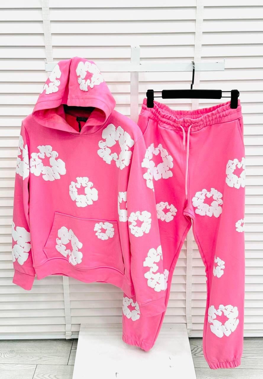 Kapüşonlu Pembe Renk Çiçek Desenli Oversize 3 İplik Erkek Eşofman Takımı - %100 Pamuk