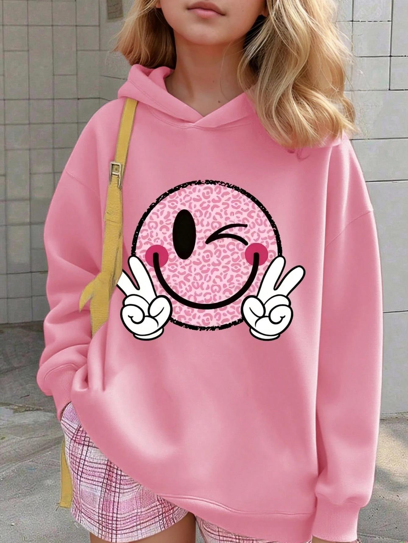 Kız Çocuk Pembe Kapüşonlu Sweatshirt – Emoji Baskılı, Rahat Oversize