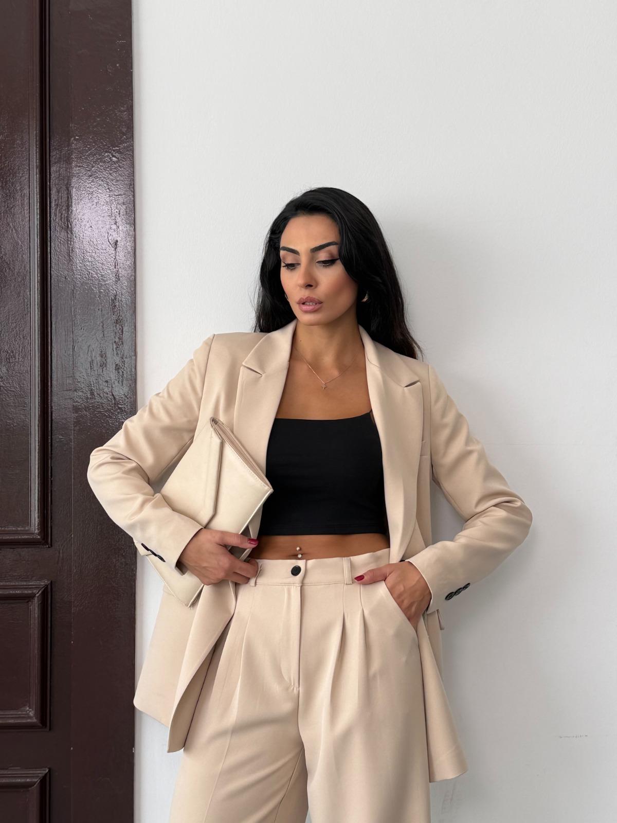 Krem Kadın Polly Viscon Takım – 1. Sınıf Kumaş Blazer Ceket & Palazzo Pantolon İkili Takım