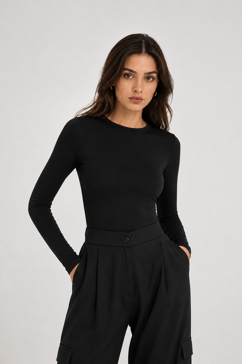 Siyah Kadın Uzun Kollu Likralı Basic Body – Esnek Polyamid Elastan Kumaş, Slim Fit, Günlük Şık Üst