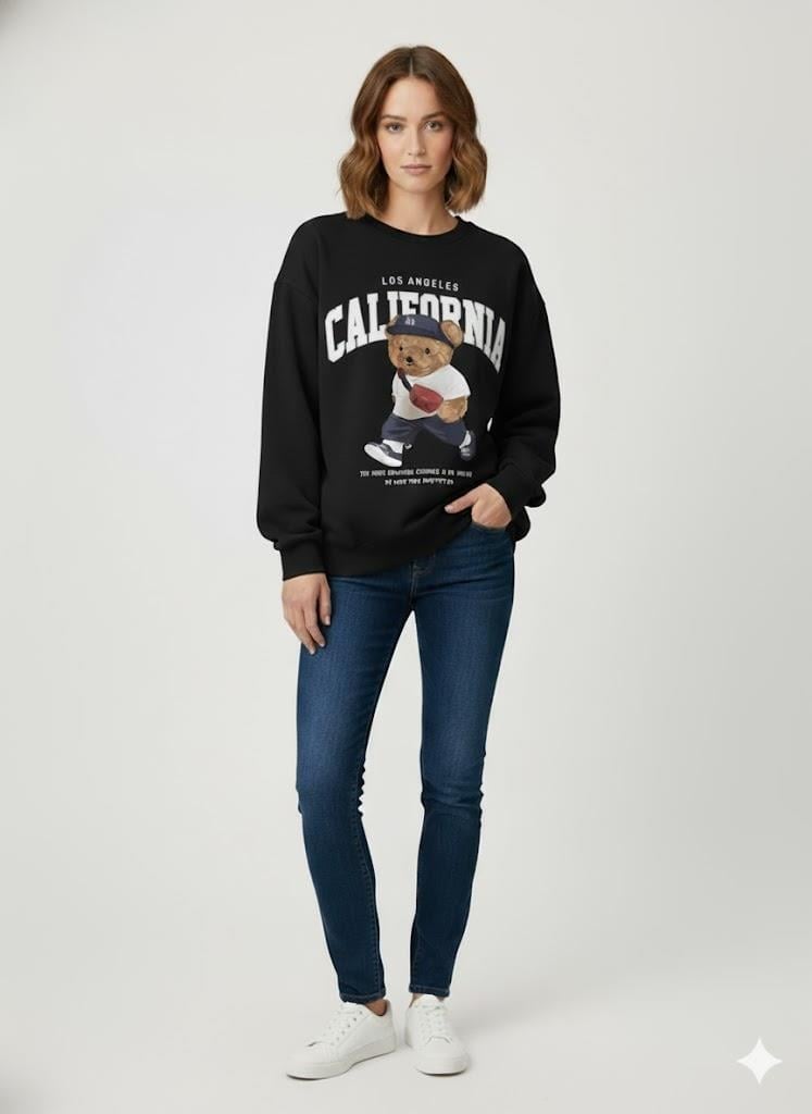 Siyah Oversize Ayıcık Baskılı Kaşkorse Ribanalı 3 İplik Sweatshirt
