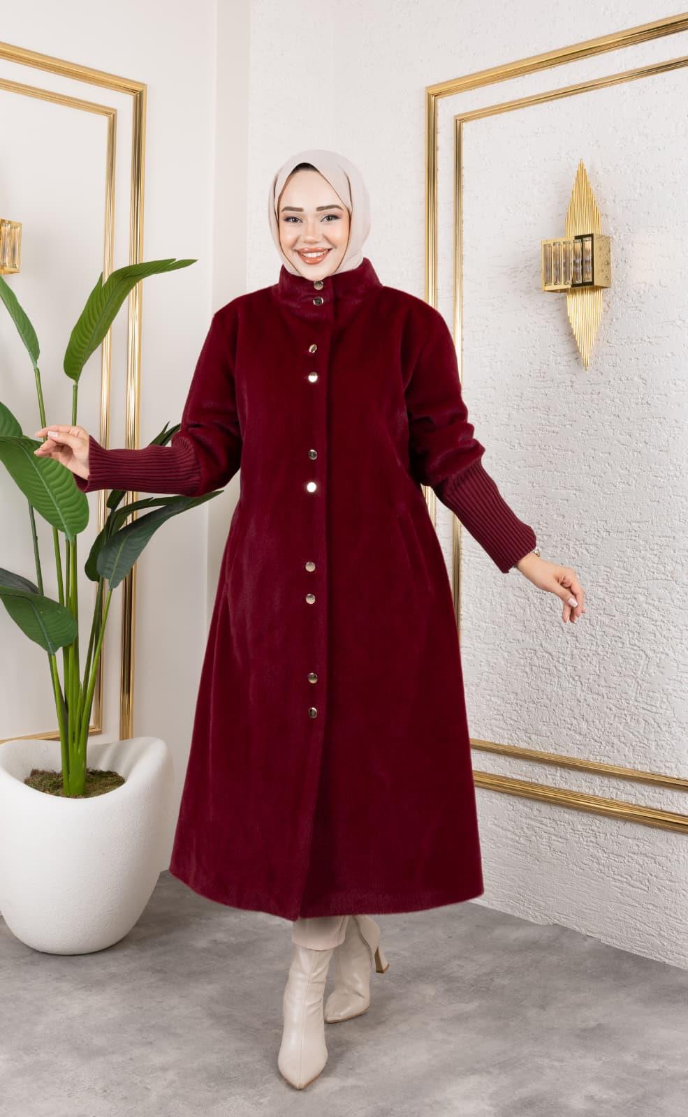 Kadın Astarlı Angora Düğmeli Bordo Kaban