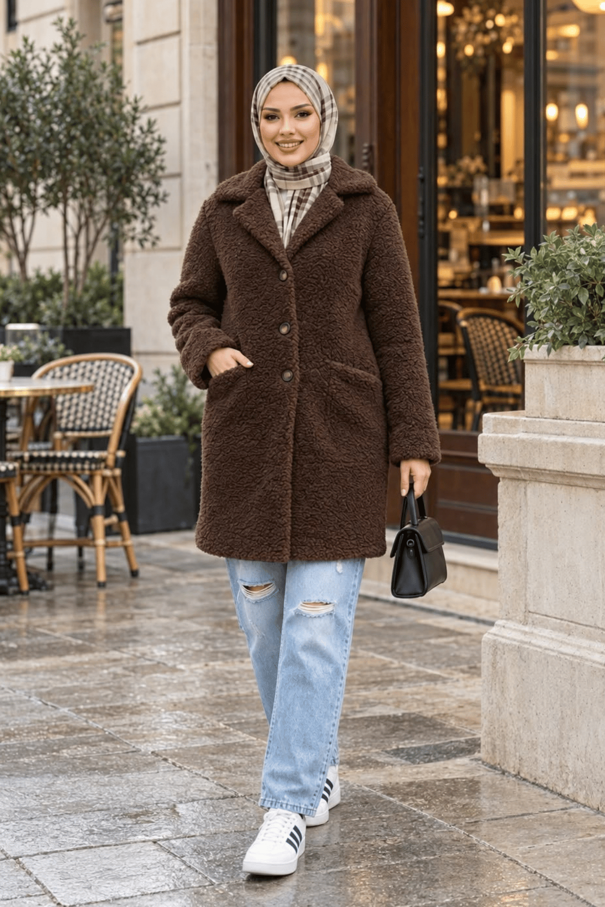 Kadın Astarlı Düğmeli Kruvaze  Kahverengi Peluş Kaban