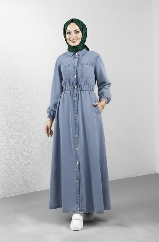 Kadın Cep Detaylı Belden Lastikli Denim Kot Mavi Elbise
