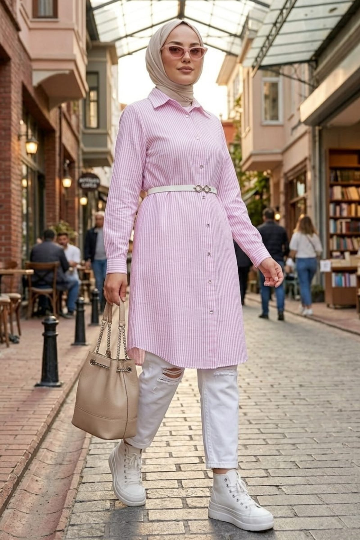 Kadın Çizgi Desenli Kemerli  Keten Pembe Gömlek