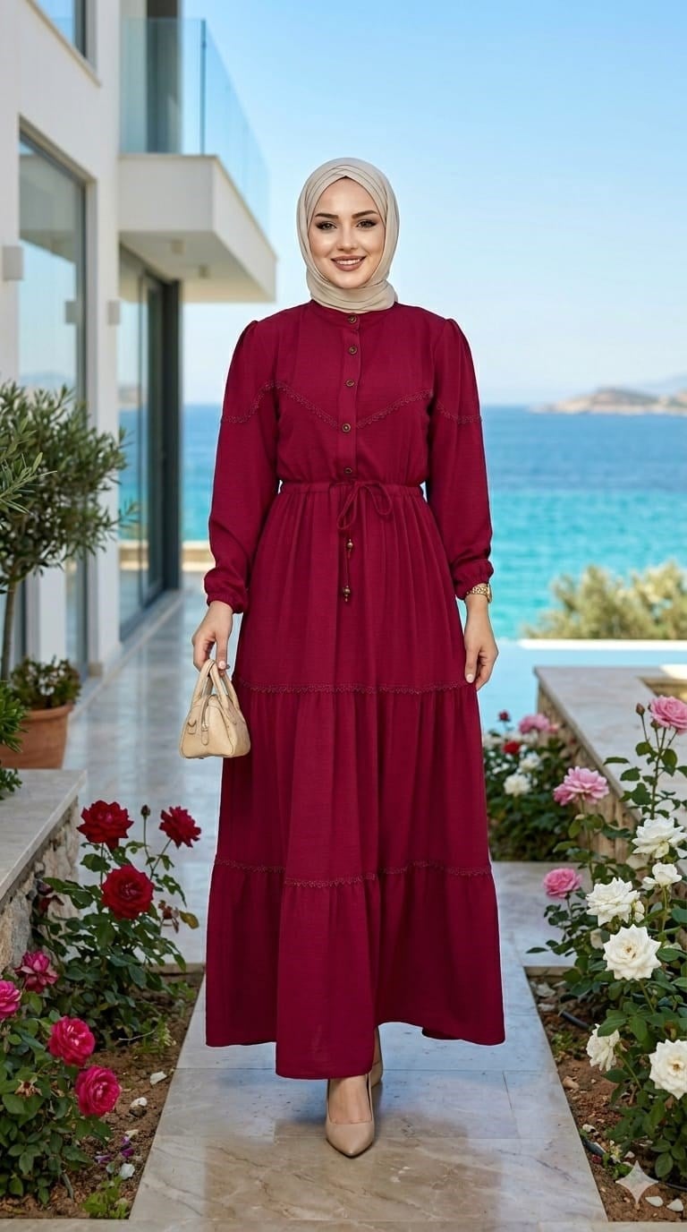 Kadın Dantel Detaylı Beli Bağcıklı Ayrobin Bordo Elbise