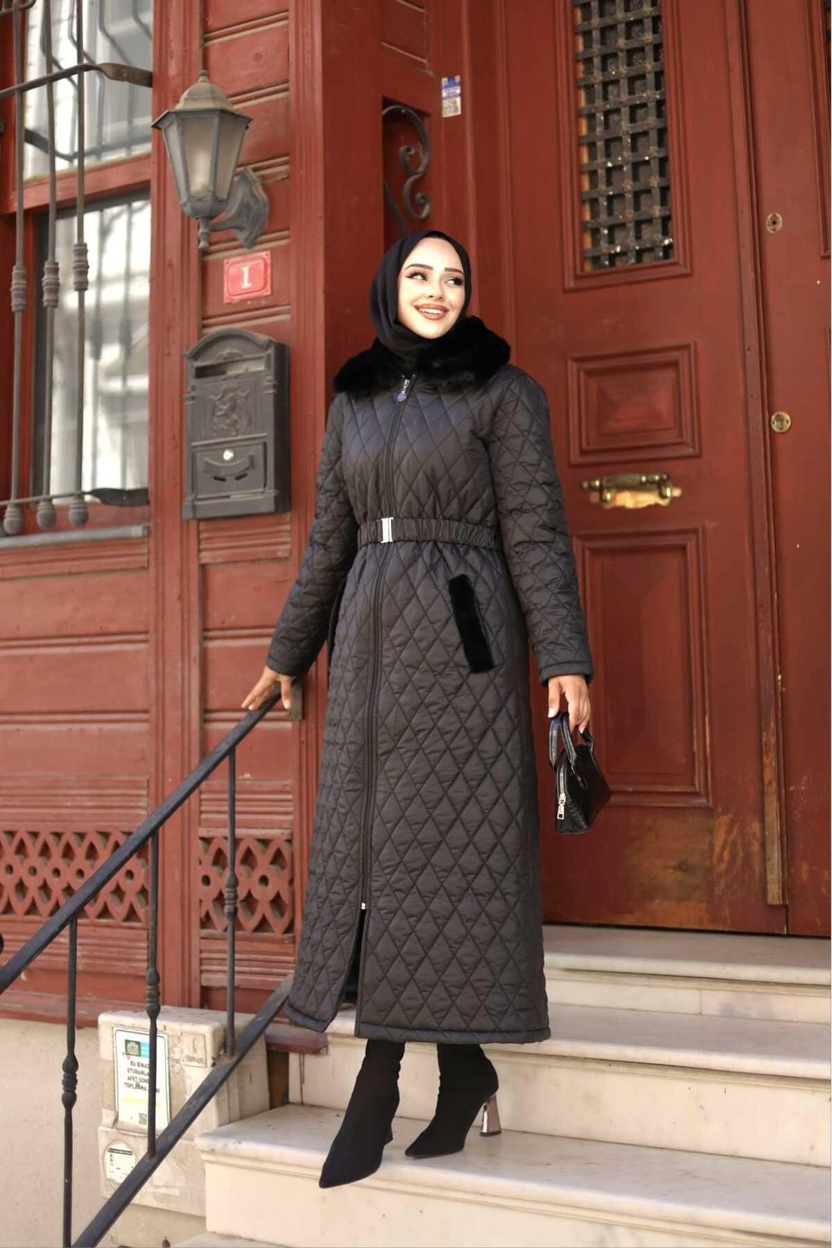 Kadın Fermuarlı Yan Cepli Kemerli Kopitone Şişme Mont