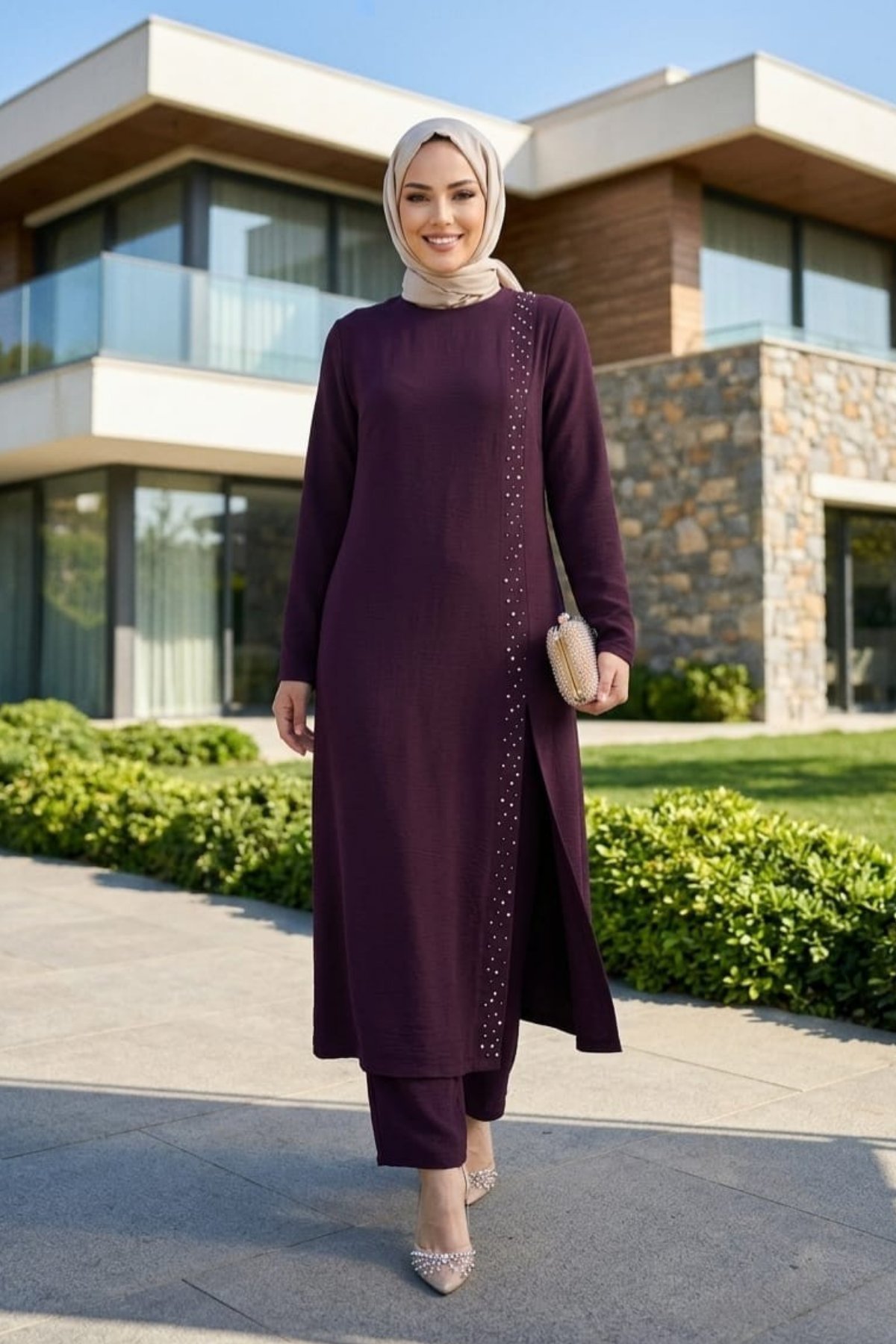 Kadın İnci İşlemeli Bordo Tunik-Pantolon İkili Takım 