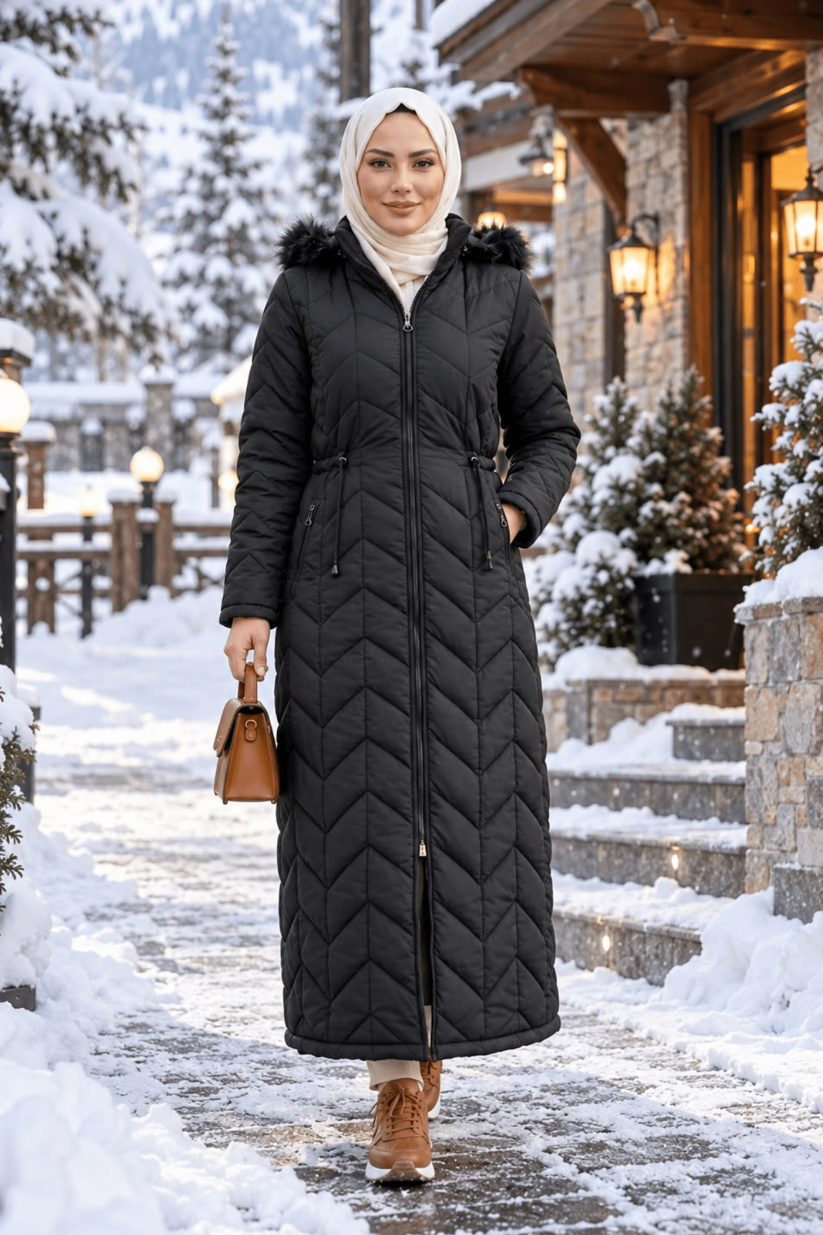 Kadın Kapüşonlu  İçi Astarlı Siyah Kapitone Mont