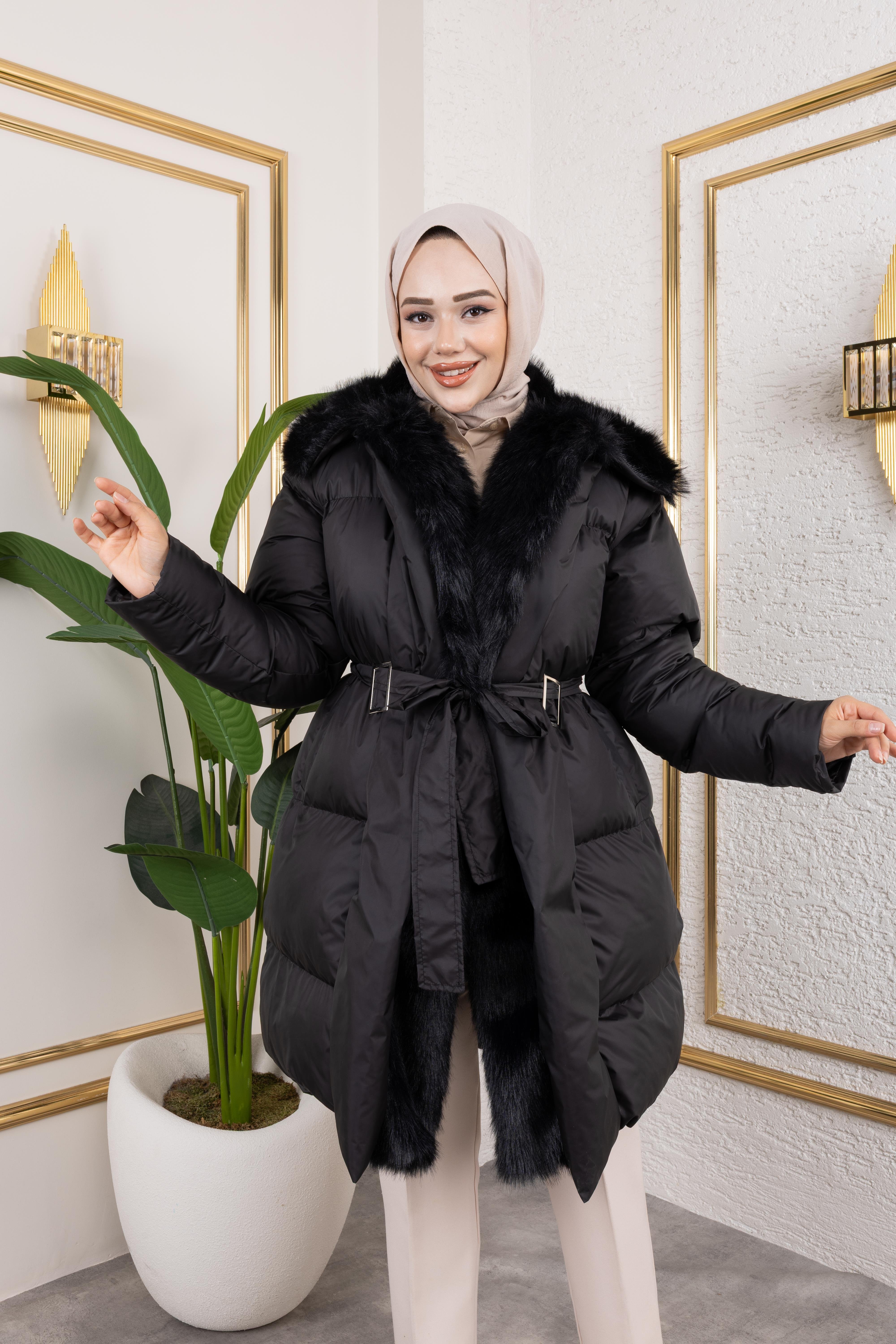 Kadın Kürk Detaylı Kemerli Siyah Şişme Mont