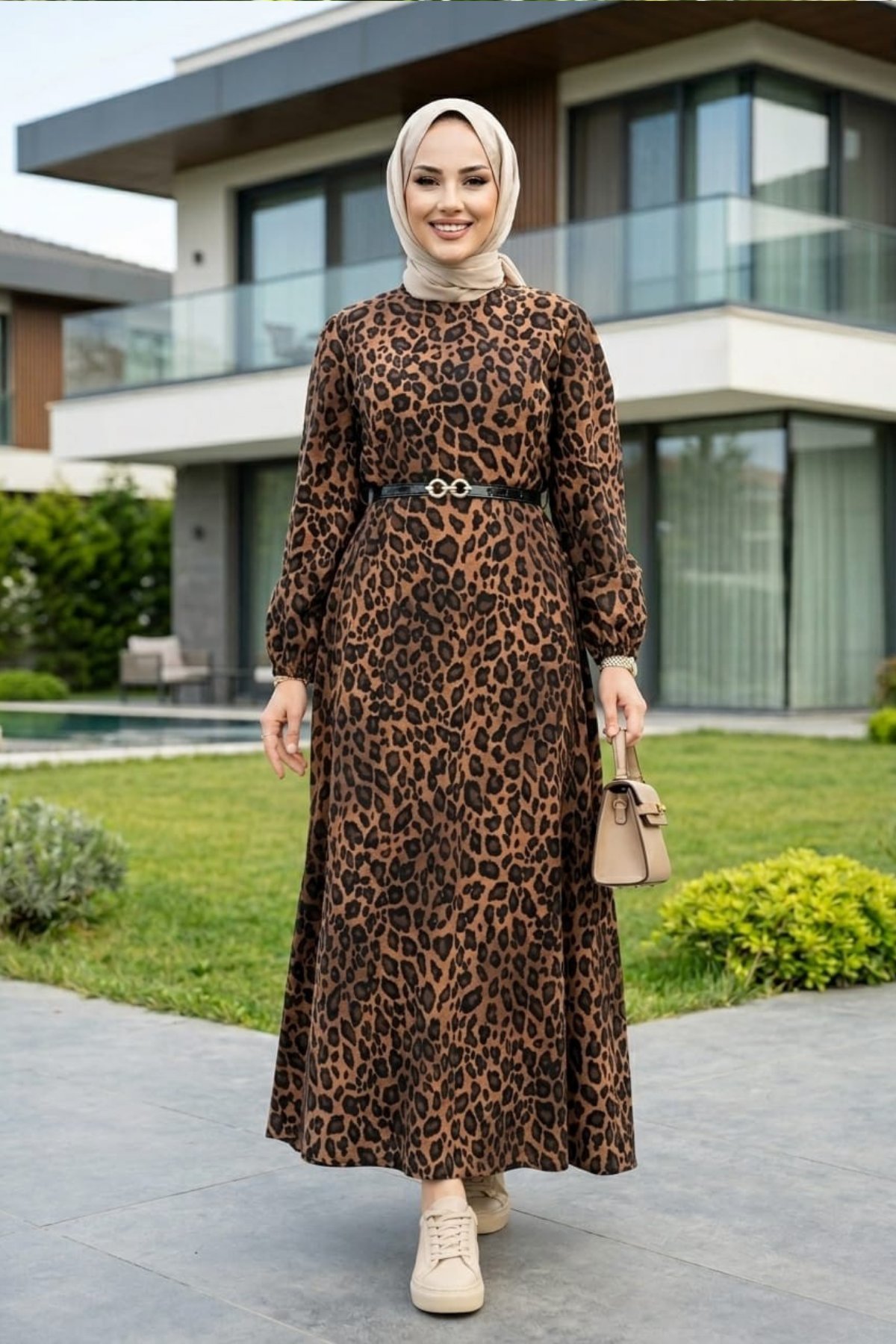 Kadın Modal Kumaş Kemerli Leopar Desenli Elbise