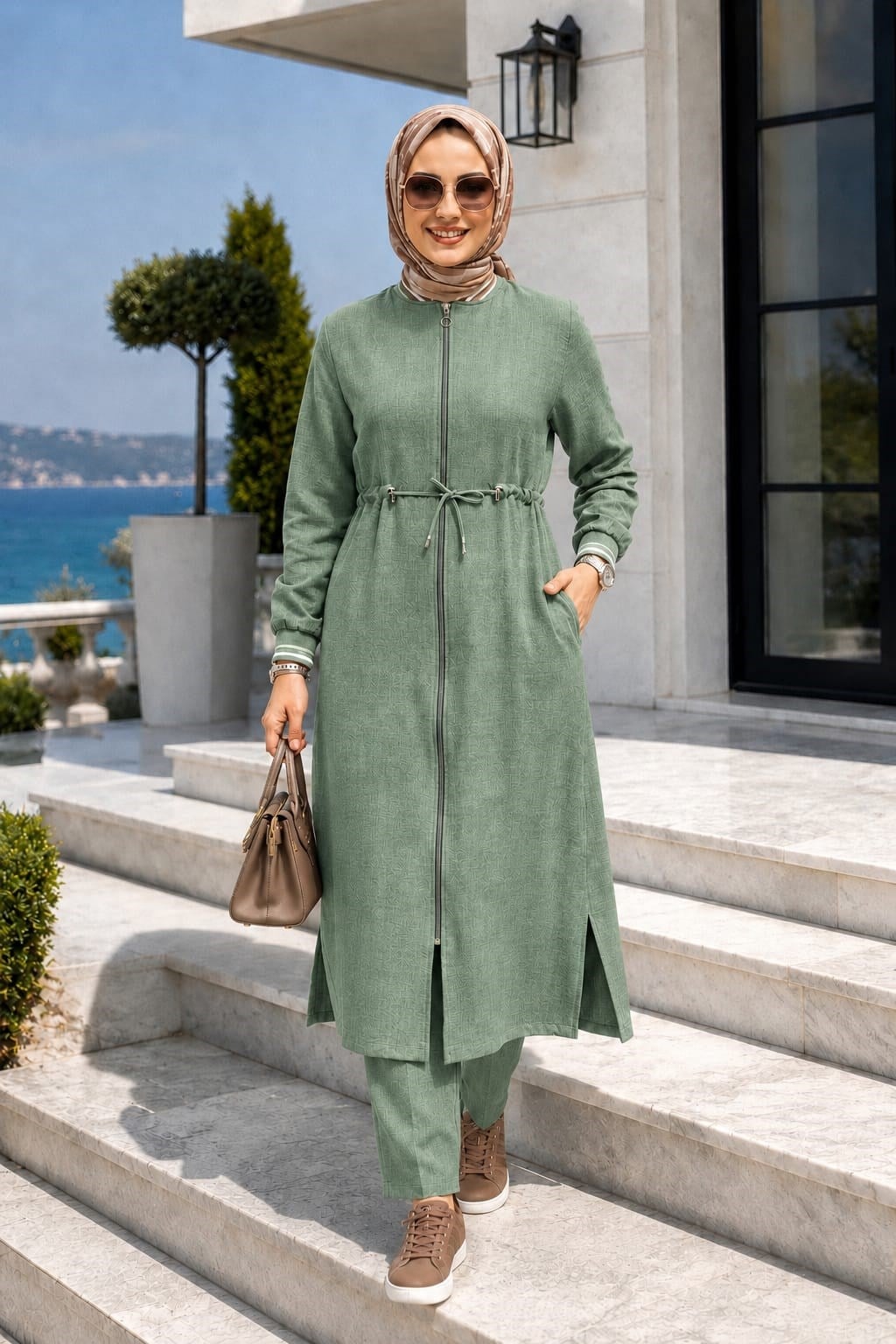 Kadın Ribanalı Fermuarlı   Keten Tunik Pantolon Yeşil İkili Takım