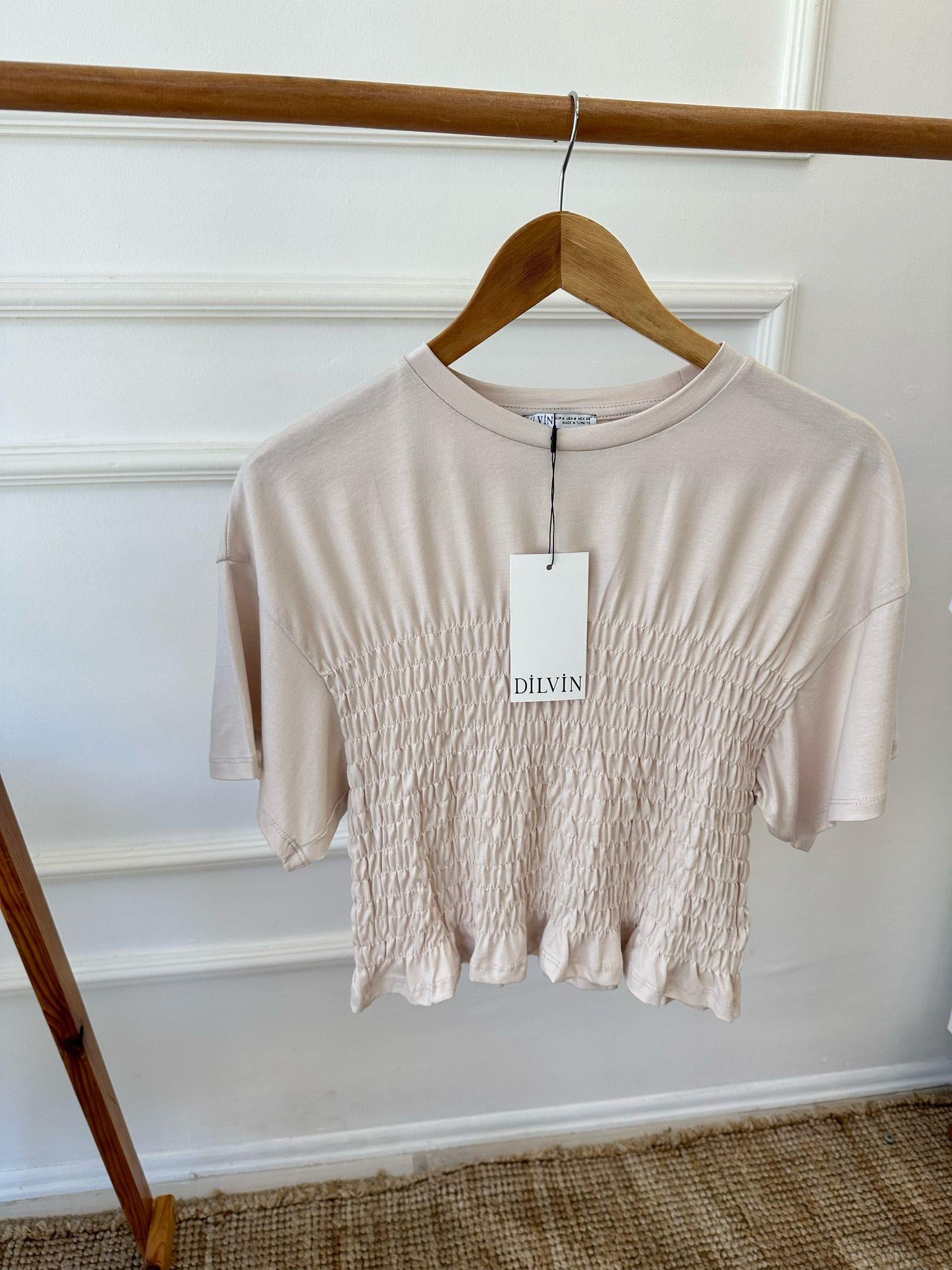 Lastikli T-shirt Ekru