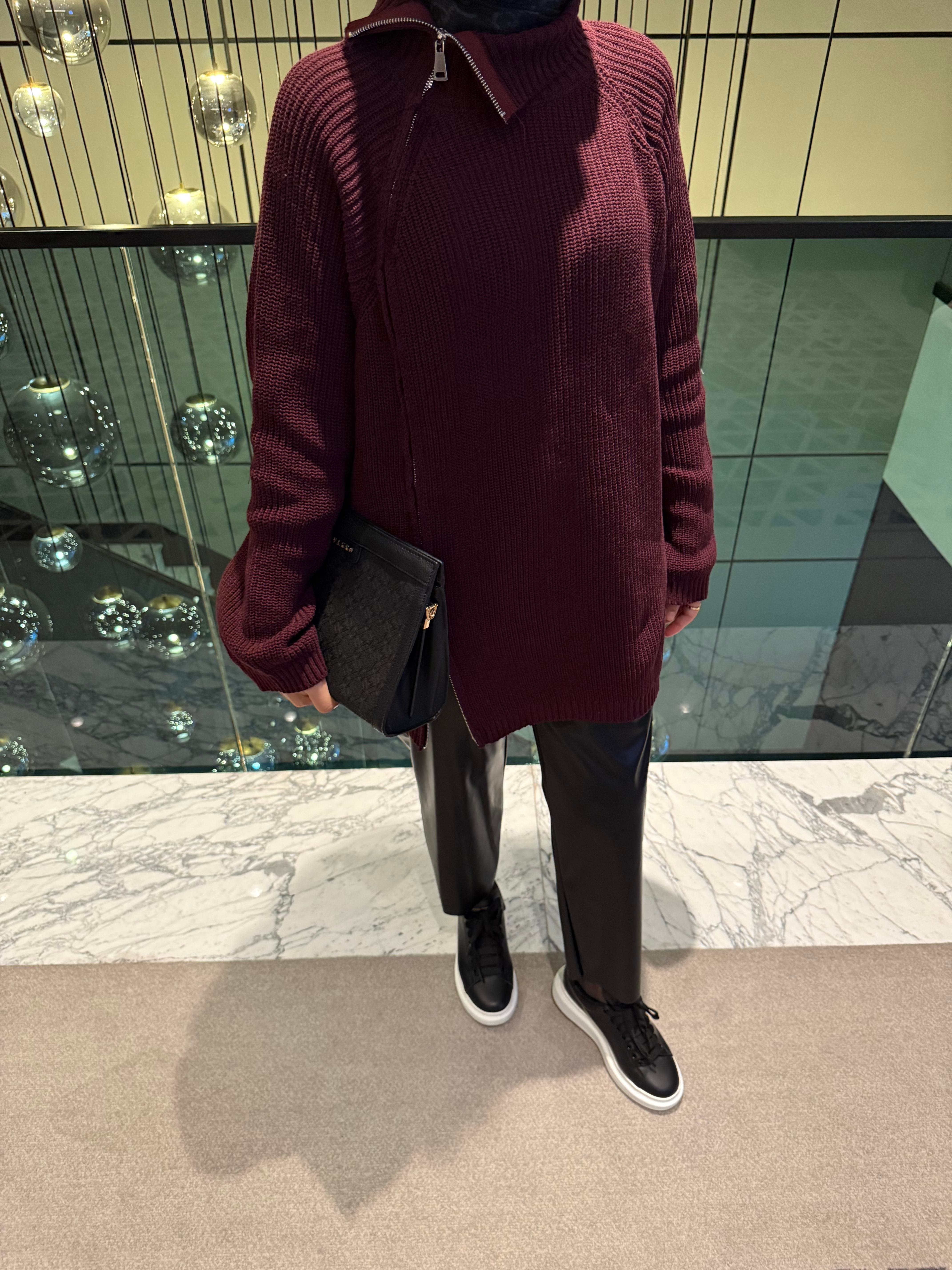 Fermuarlı Triko Kazak | Bordo