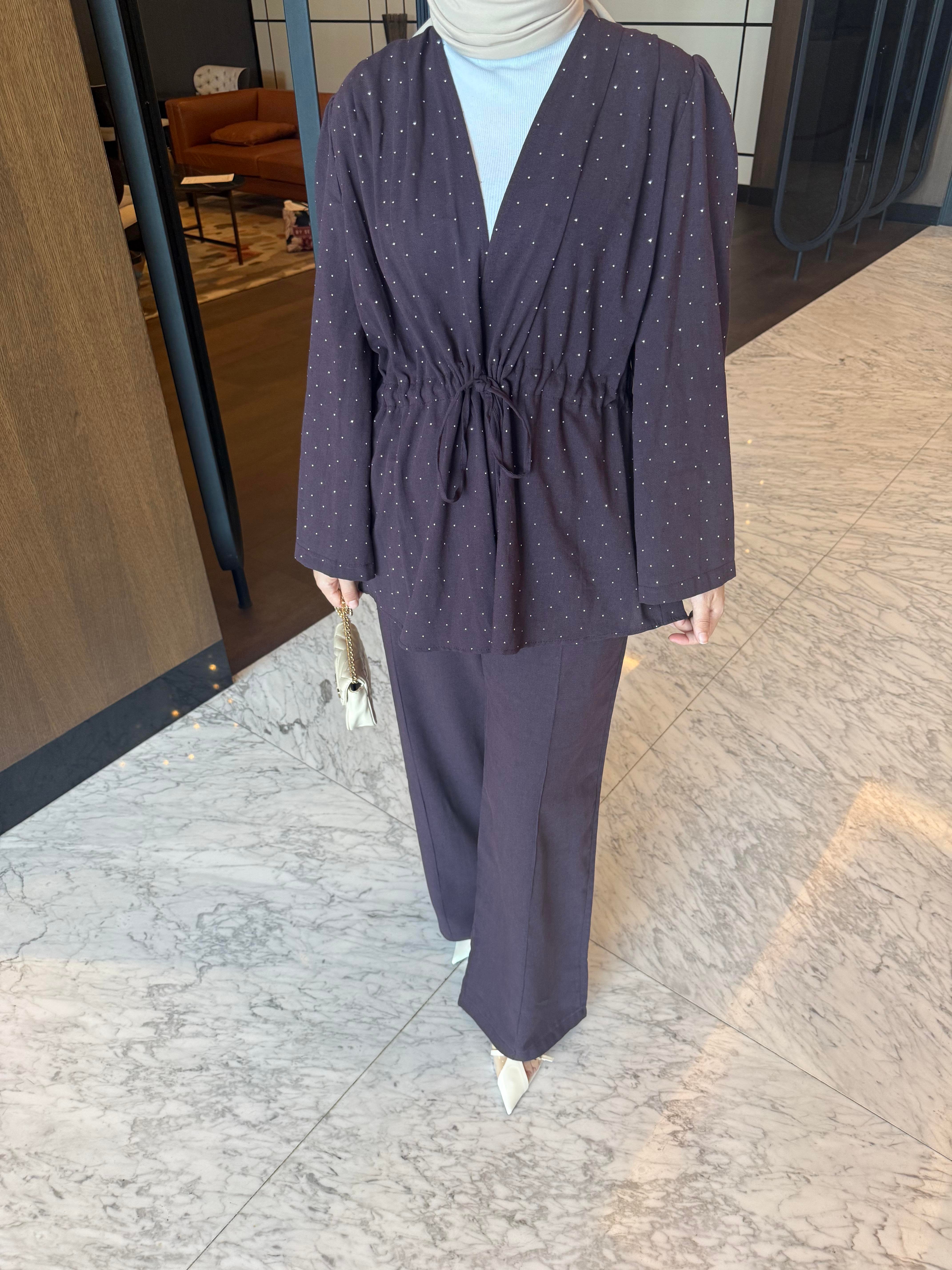 Taşlı Keten Kimono Takım  Mürdüm