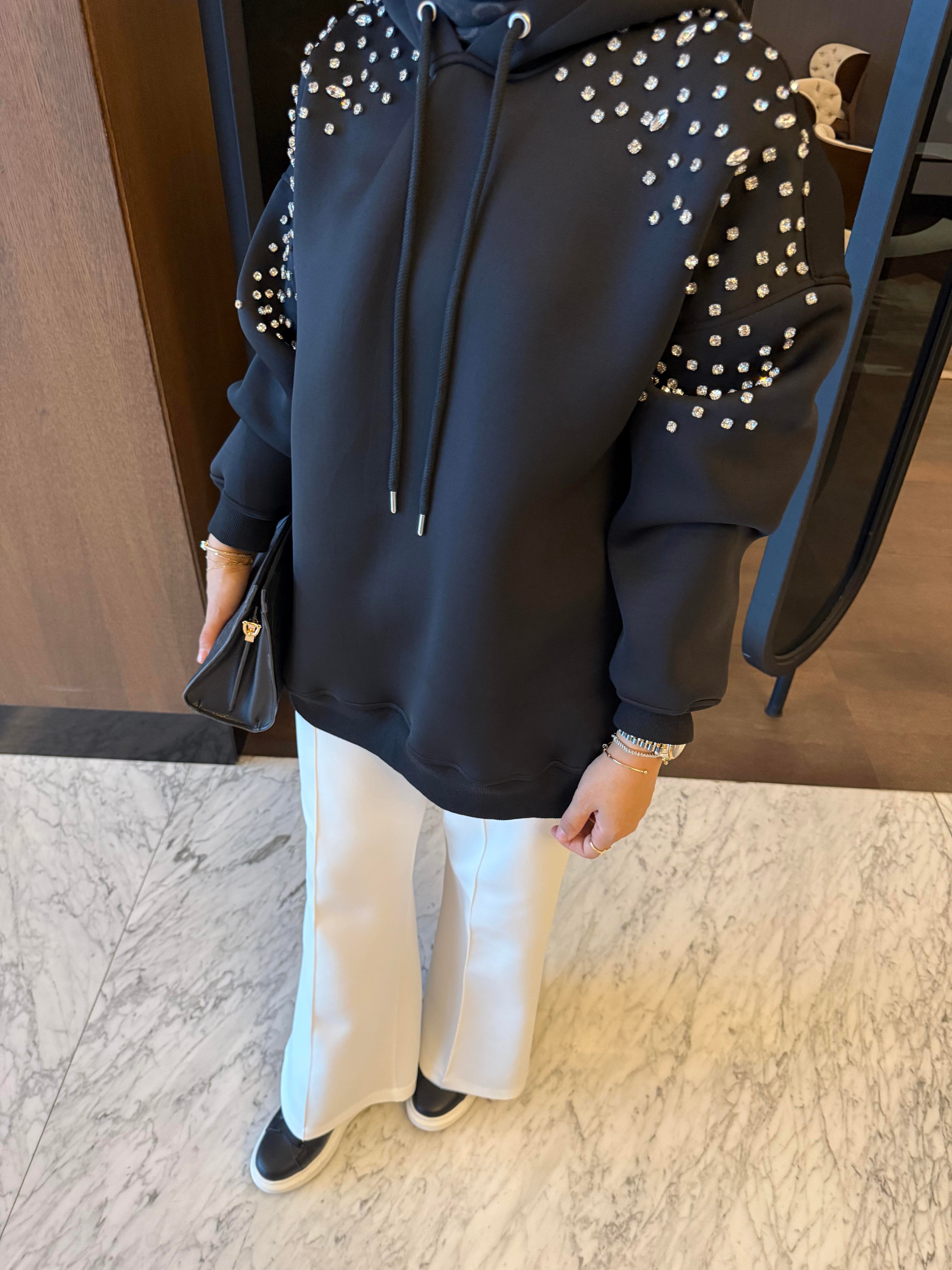 Taşlı Sweatshirt | Siyah