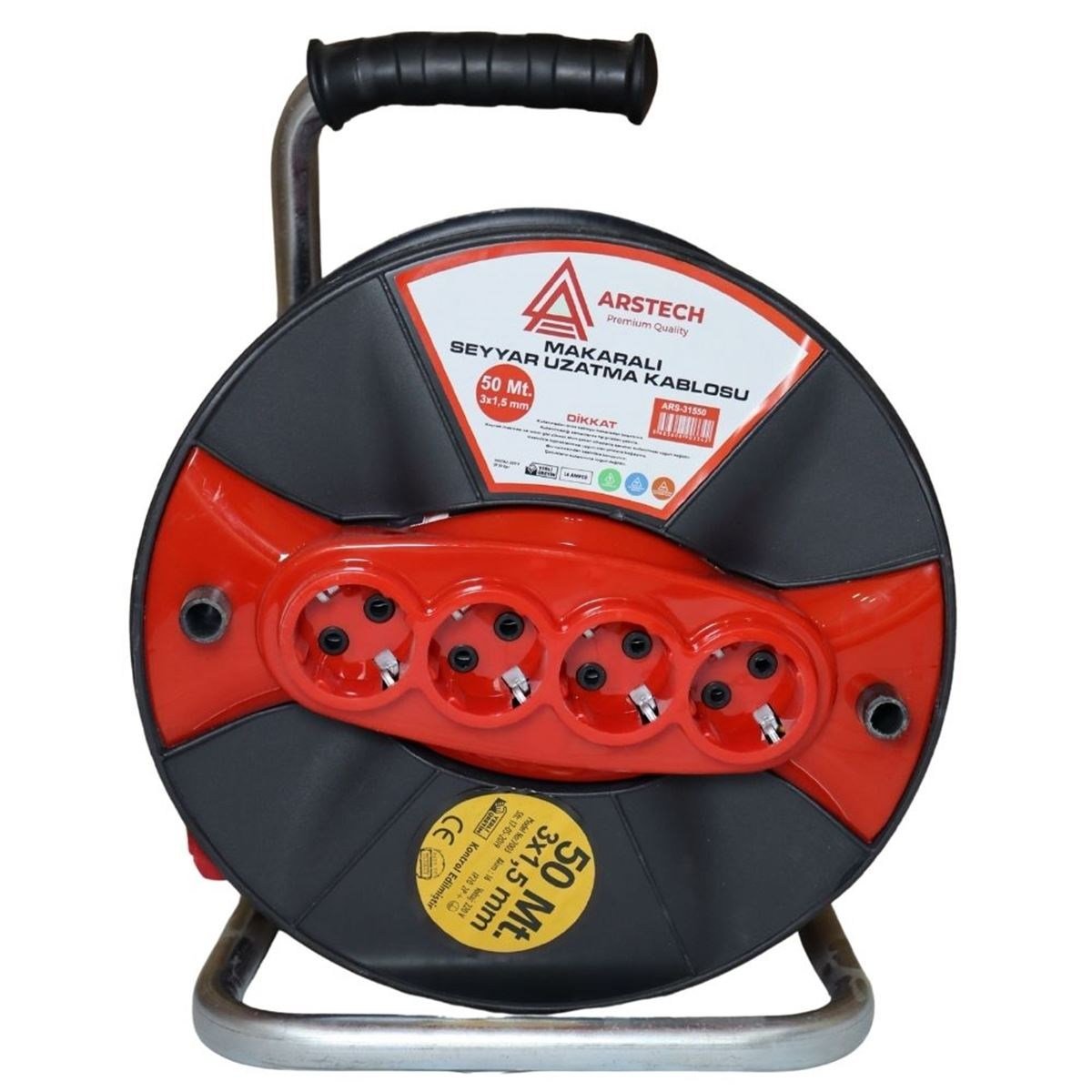 ARSTECH ARS31550 Makaralı Uzatma Kablosu 3x1.5 mm 50 Metre - Termal Sigortalı 4'lü Seyyar Uzatma Makarası