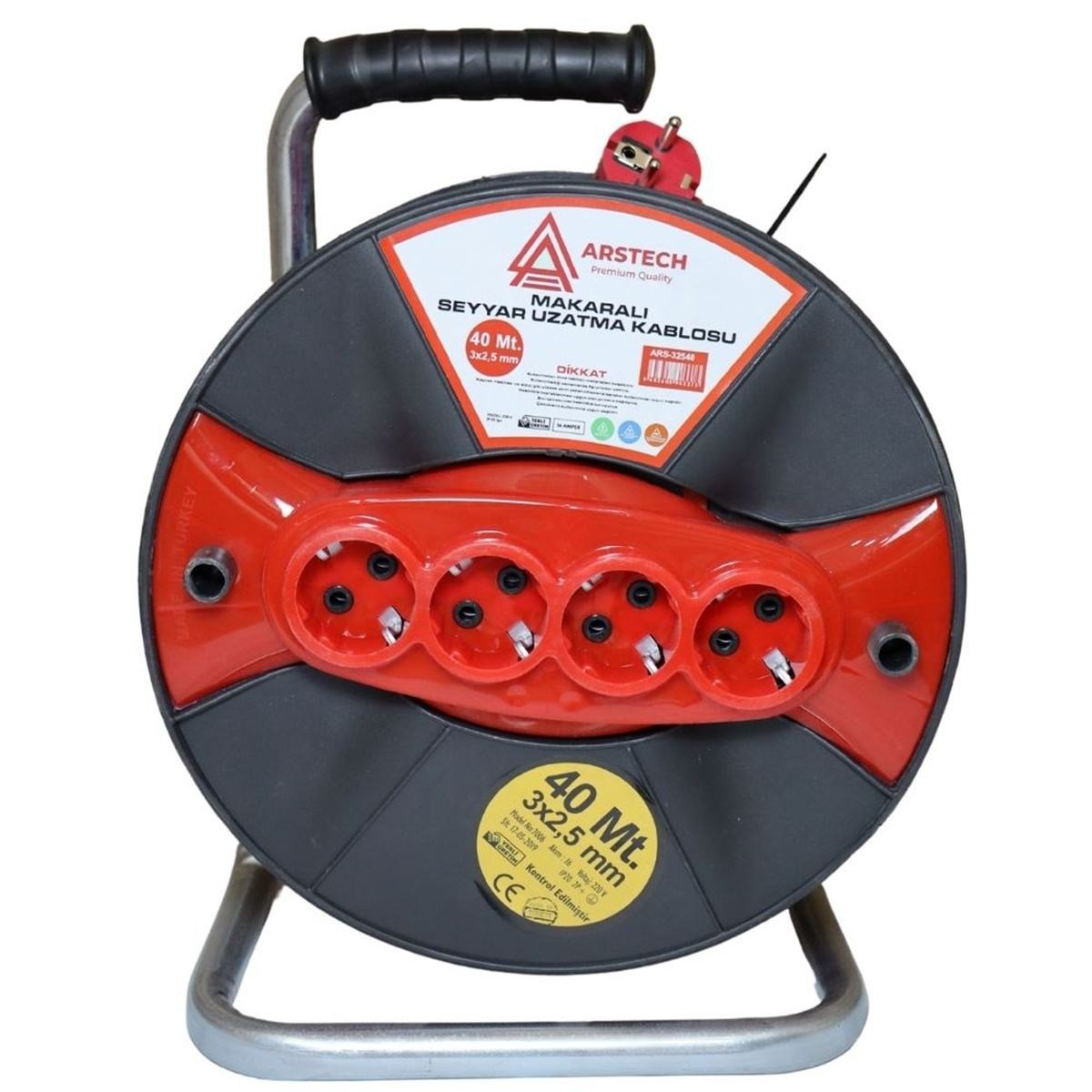 ARSTECH ARS32540 Makaralı Uzatma Kablosu 3x2.5 mm 40 Metre - Termal Sigortalı Ağır Hizmet Tipi Seyyar Makara