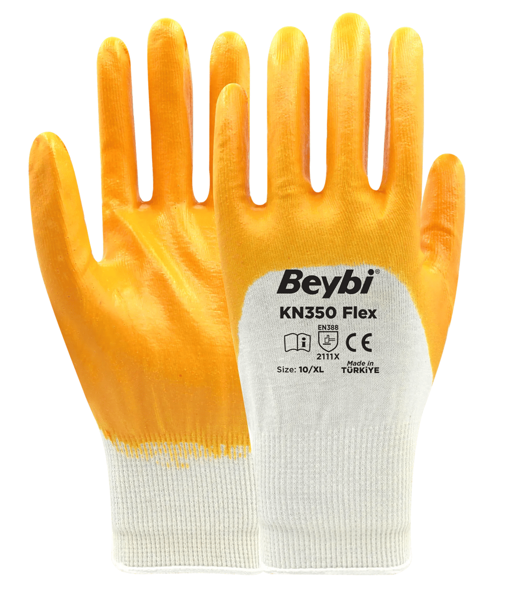 BEYBİ KN350 Flex Sarı Nitril Eldiven No:10 - Profesyonel Kalın Şantiye, Ağır Hizmet İnşaat, Yarım Kaplama Yağ Geçirmez Esnek İSG İş Eldiveni
