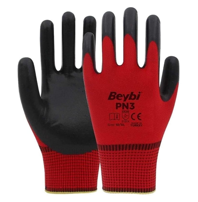BEYBİ PN3 Zebra Kırmızı Siyah Polyester Eldiven NO:10 - Profesyonel Hassas Şantiye, Ultra Esnek Mekanik Montaj ve Yüksek Mukavemetli İSG İş Eldiveni