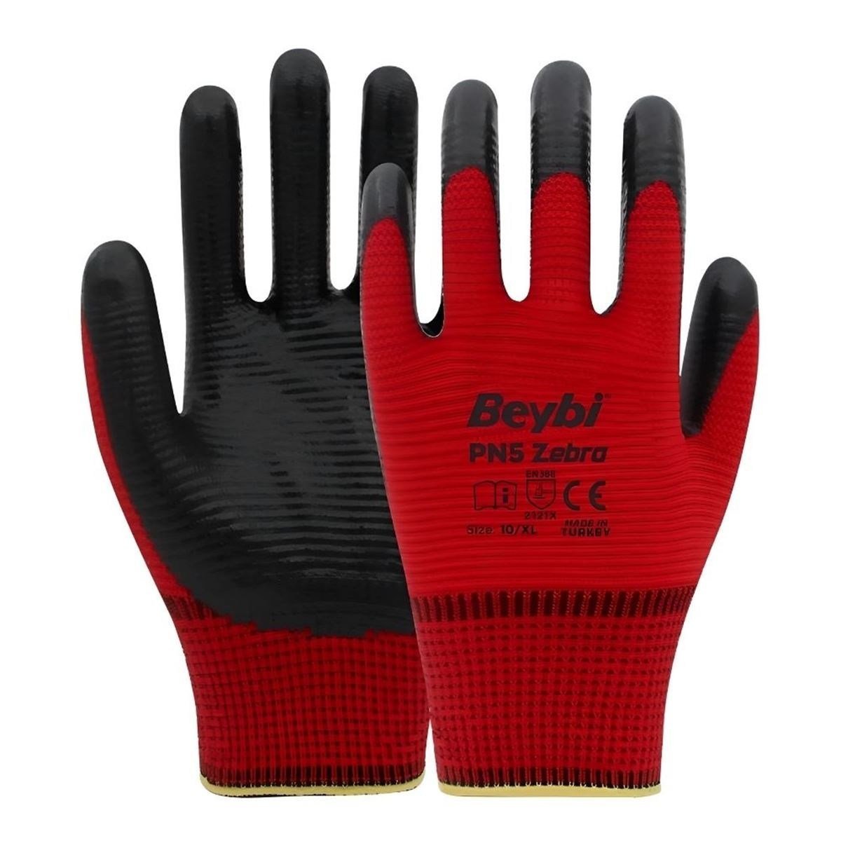BEYBİ PN5 Zebra Kırmızı Polyester Eldiven No:10 - Profesyonel Hassas Şantiye, Ultra Esnek Mekanik Montaj ve Yüksek Mukavemetli İSG İş Eldiveni