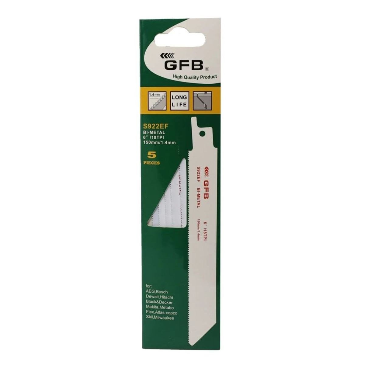 GFB S922EF Tilki Kuyruğu Testere Bıçağı Metal Kesim 5'li Paket - Profesyonel Bi-Metal Esnek Profil, Sac ve Demir Boru Panter Testere Ağzı