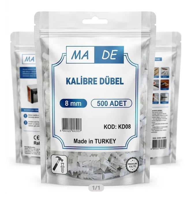 MADE Kalibre Dübel 8 mm 500'lü Paket - Profesyonel Tam Kalibre Duvar ve Beton Dübeli, Yüksek Tutunma Mukavemetli Şantiye Tipi Plastik Dübel