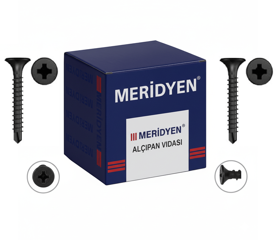 MERİDYEN Alçıpan Vidası Sivri Uçlu 3.5x25 mm 1000'li Paket - Profesyonel Siyah Fosfat Kaplı Kuru Duvar Vidası, Yüksek Delme Mukavemetli Şantiye Tipi Alçıpan Vidası