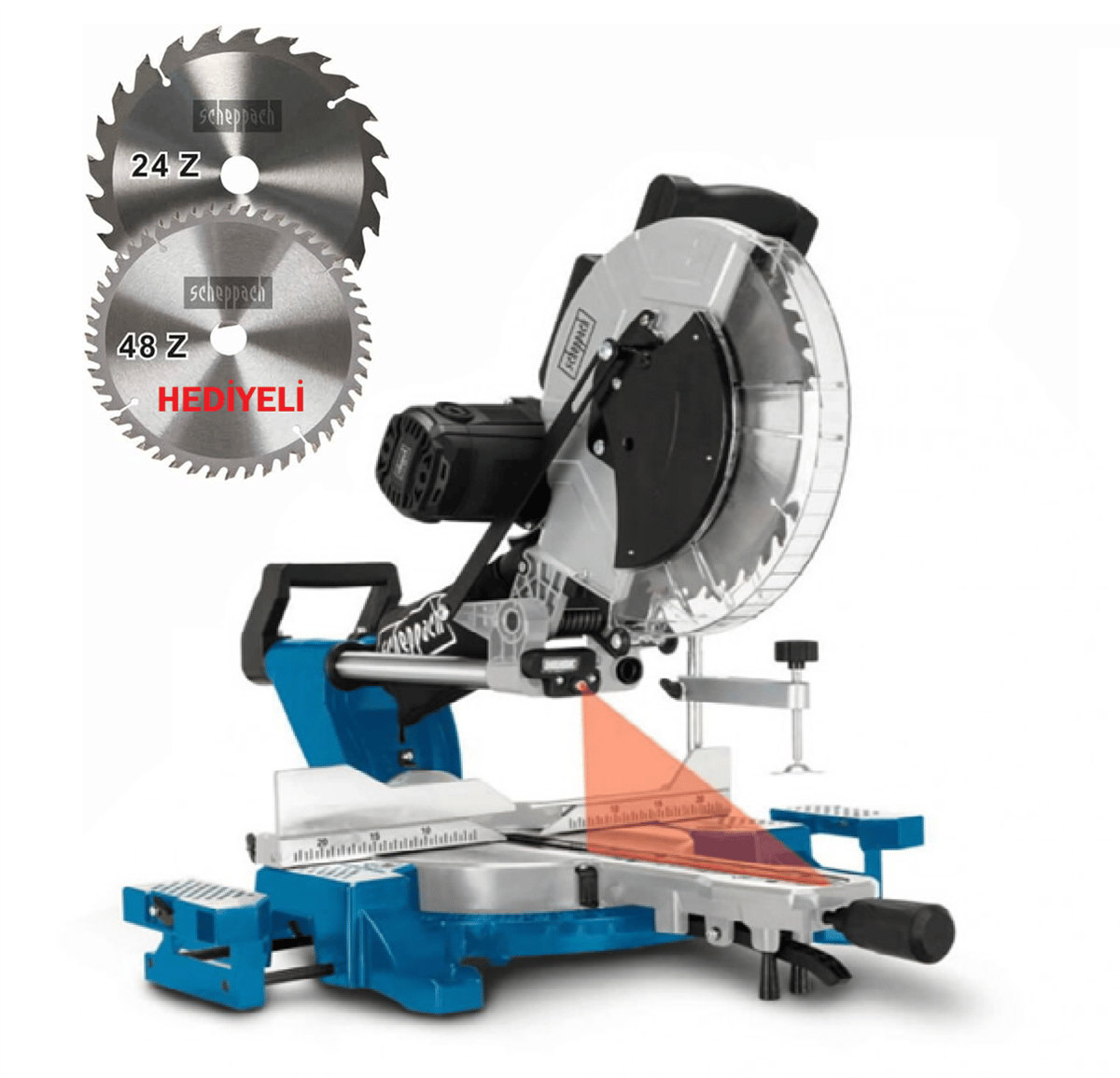 SCHEPPACH HM140L Lazerli Kızaklı Gönye Kesme Makinası 305 mm 2000 Watt - Profesyonel Çift Taraflı Eğilimli Çapraz Açılı Ahşap Ebatlama Hızarı