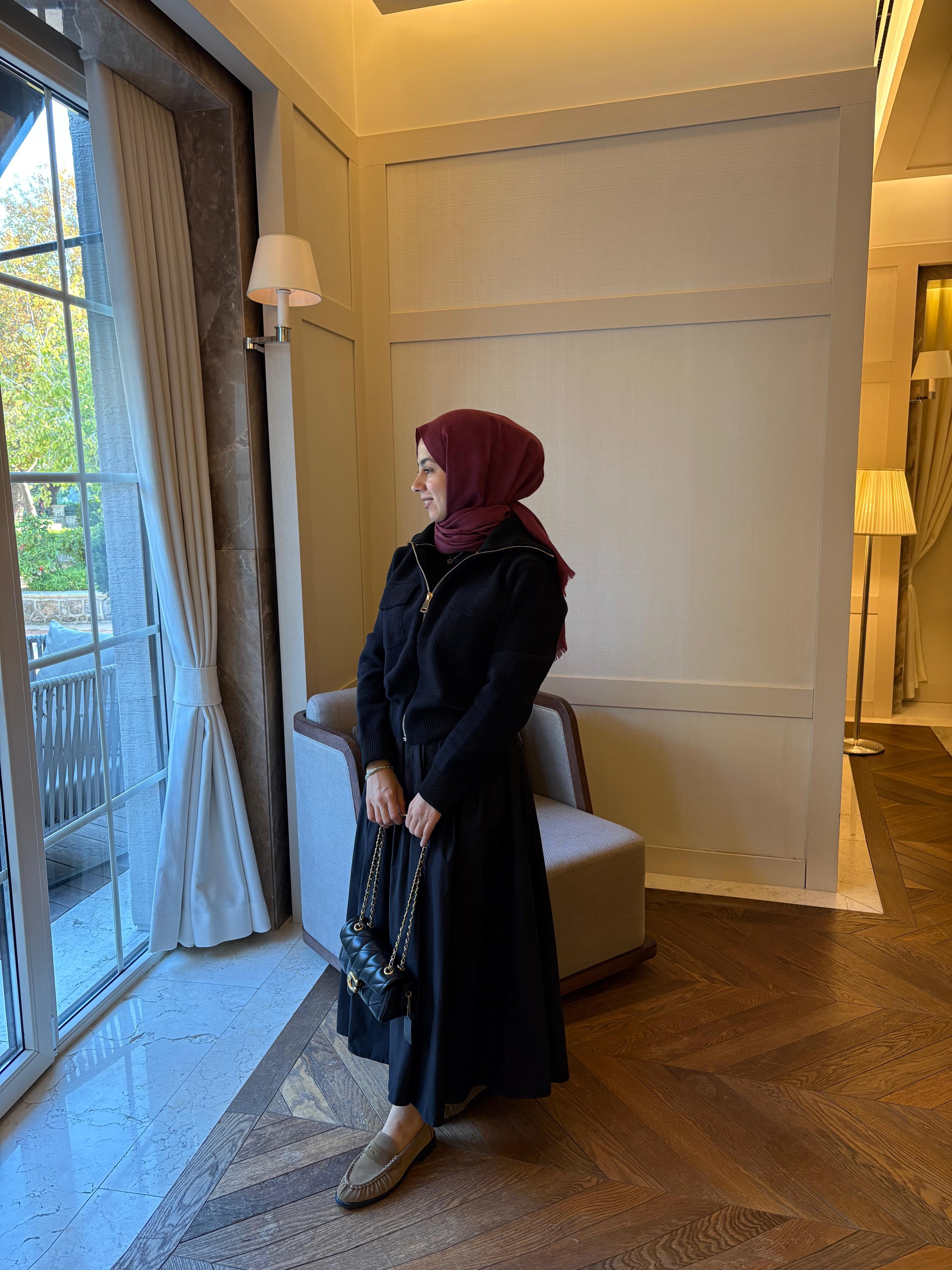  Siyah Ribana Detaylı Kaşe Ceket 