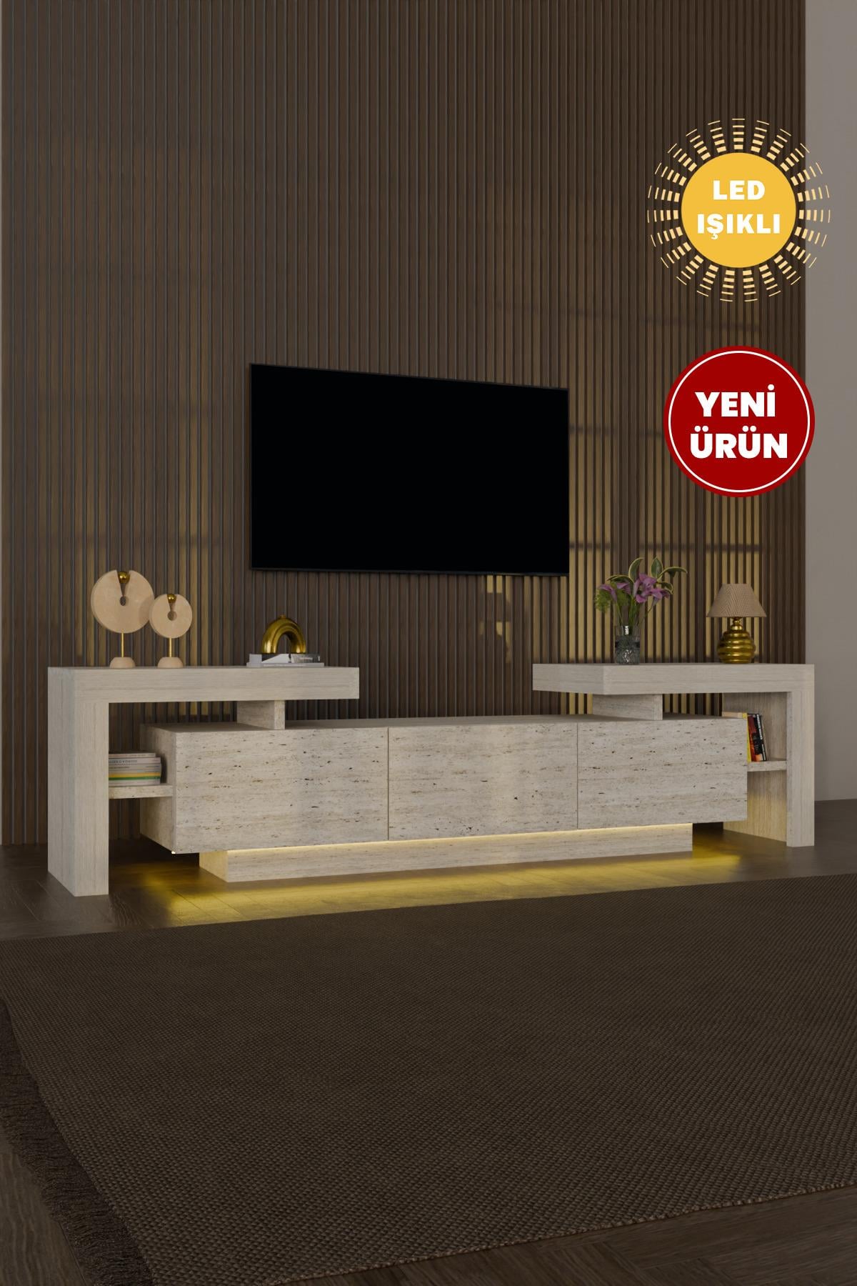 BulForte Led Işıklı Tv Ünitesi 190cm Modern 3 Kapaklı Raflı Uçan Tv Sehpası Traverten Desen