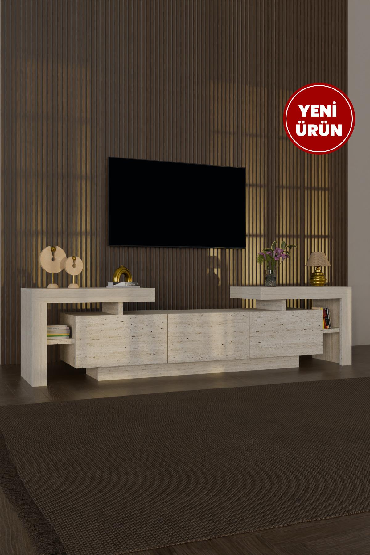 BulForte Tv Ünitesi 190cm Modern 3 Kapaklı Raflı Uçan Tv Sehpası Traverten Desen