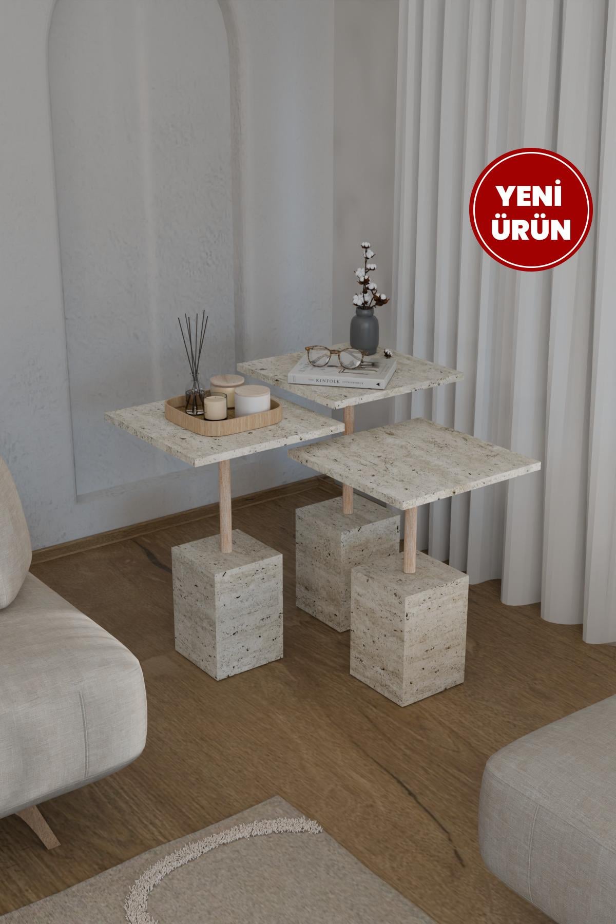 Edisam İkonik 3'lü Zigon Sehpa Yan Sehpa Servis Sehpası Ahşap Gövde Traverten Desen