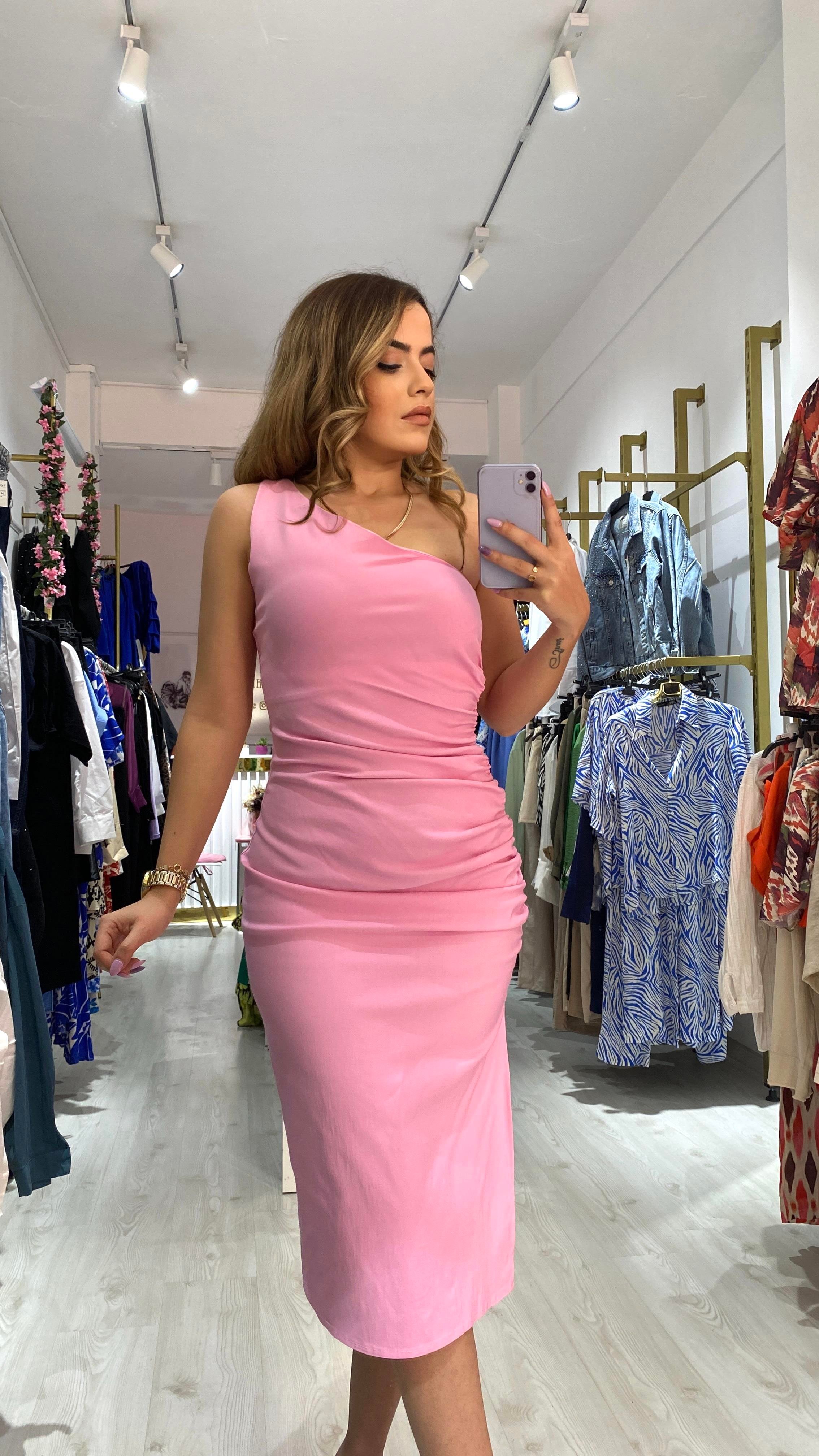 PEMBE TEK KOL DRAPELİ ELBİSE 