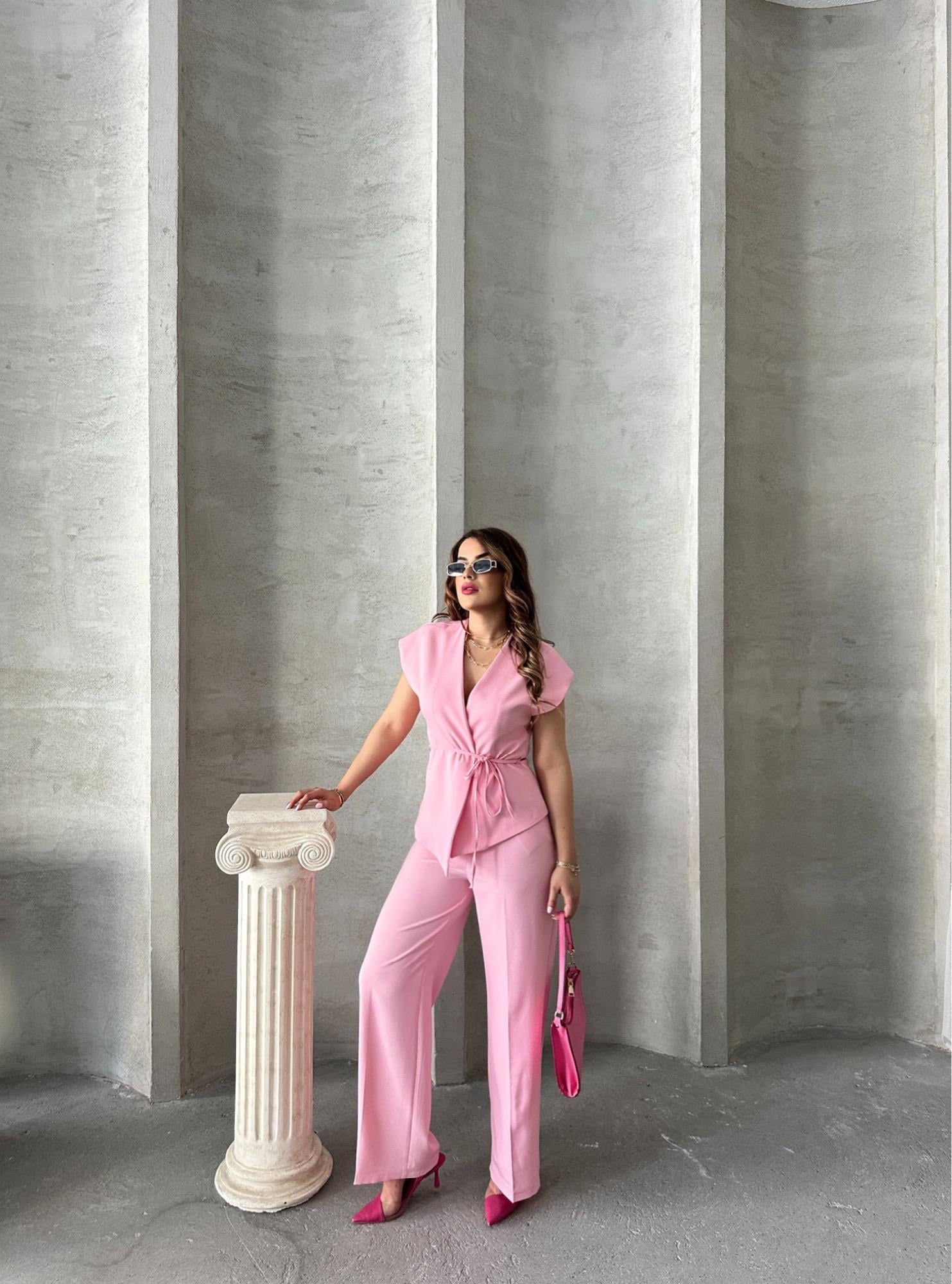 PEMBE YELEKLİ PALAZZO TAKIM