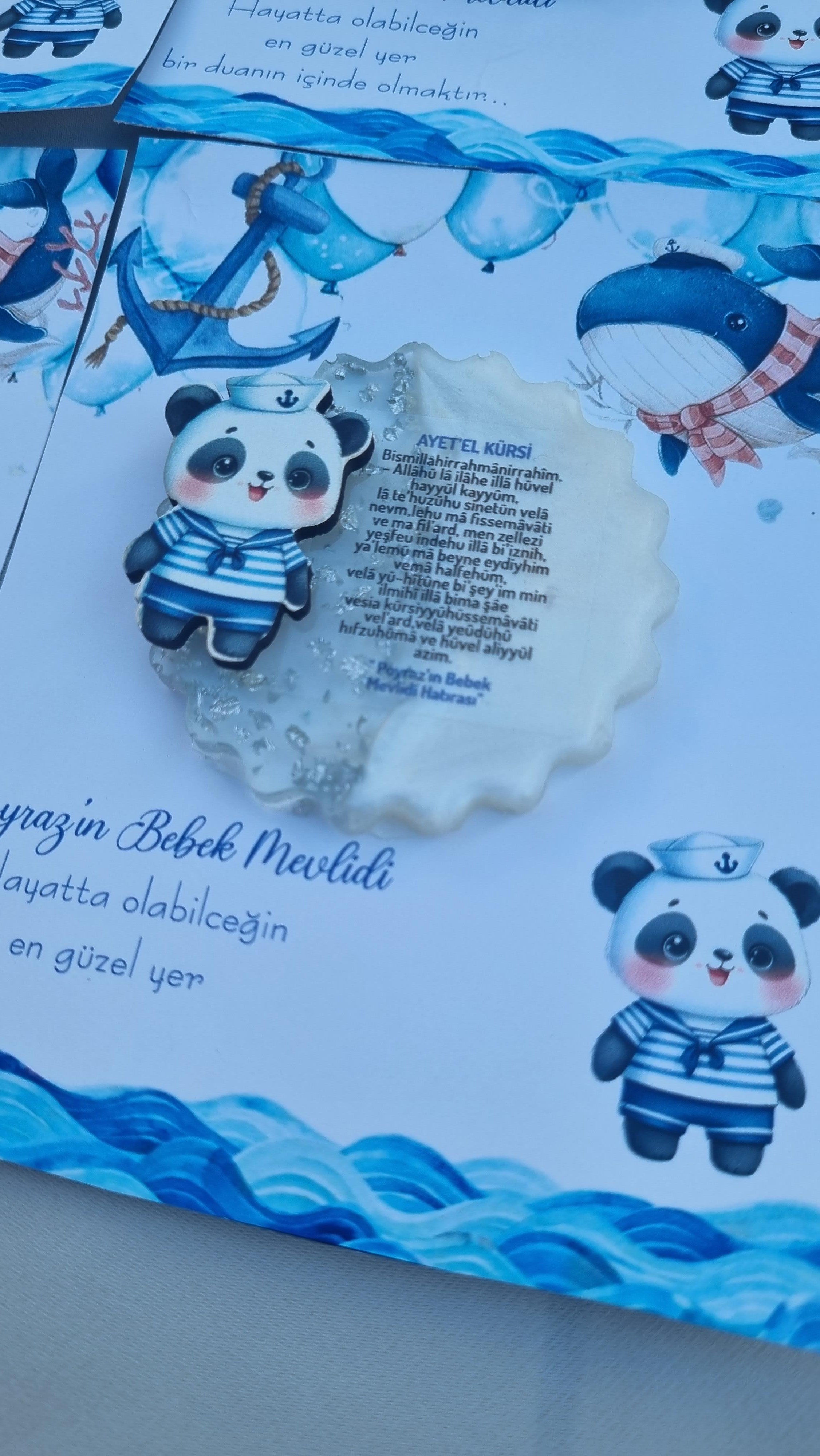 Ayetel Kürsi Panda Figürlü Epoksi Mevlüt Mavi Magnet