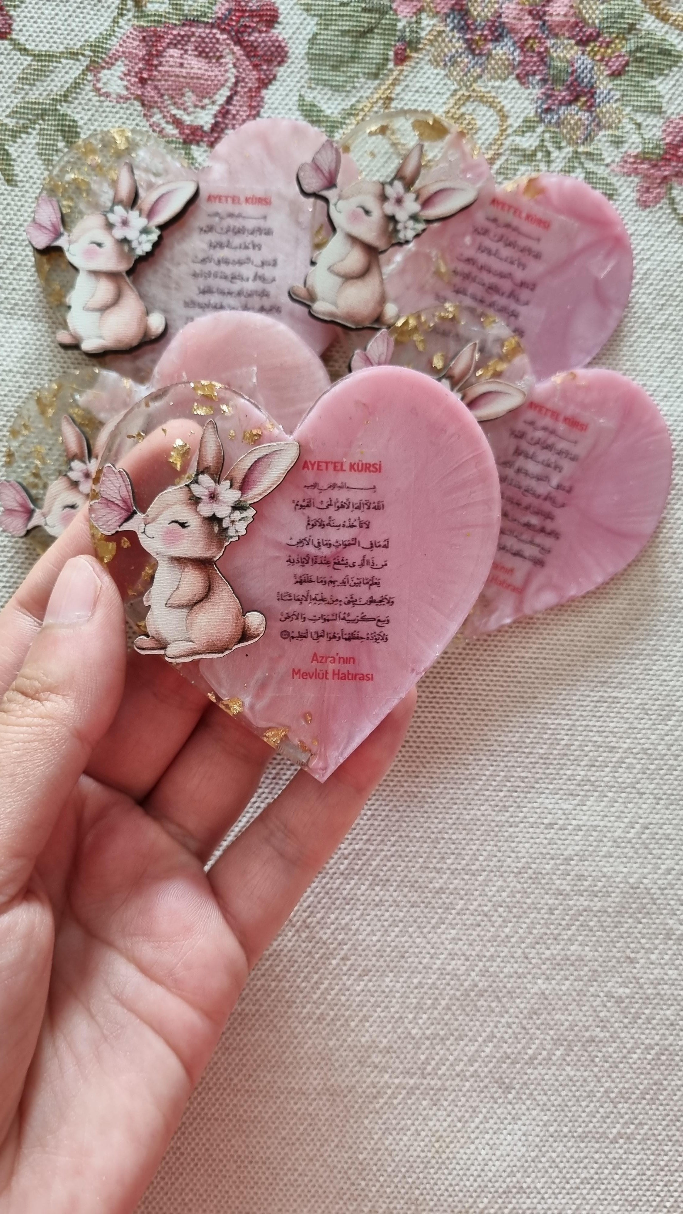 Ayetel Kürsi Tavşan 1 Figürlü Epoksi Kalp Pembe Magnet