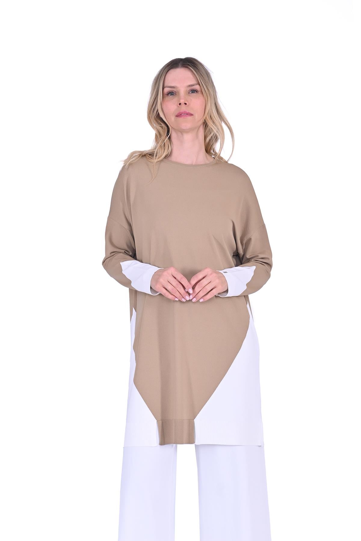 Gometrik Triko Tunik CAMEL