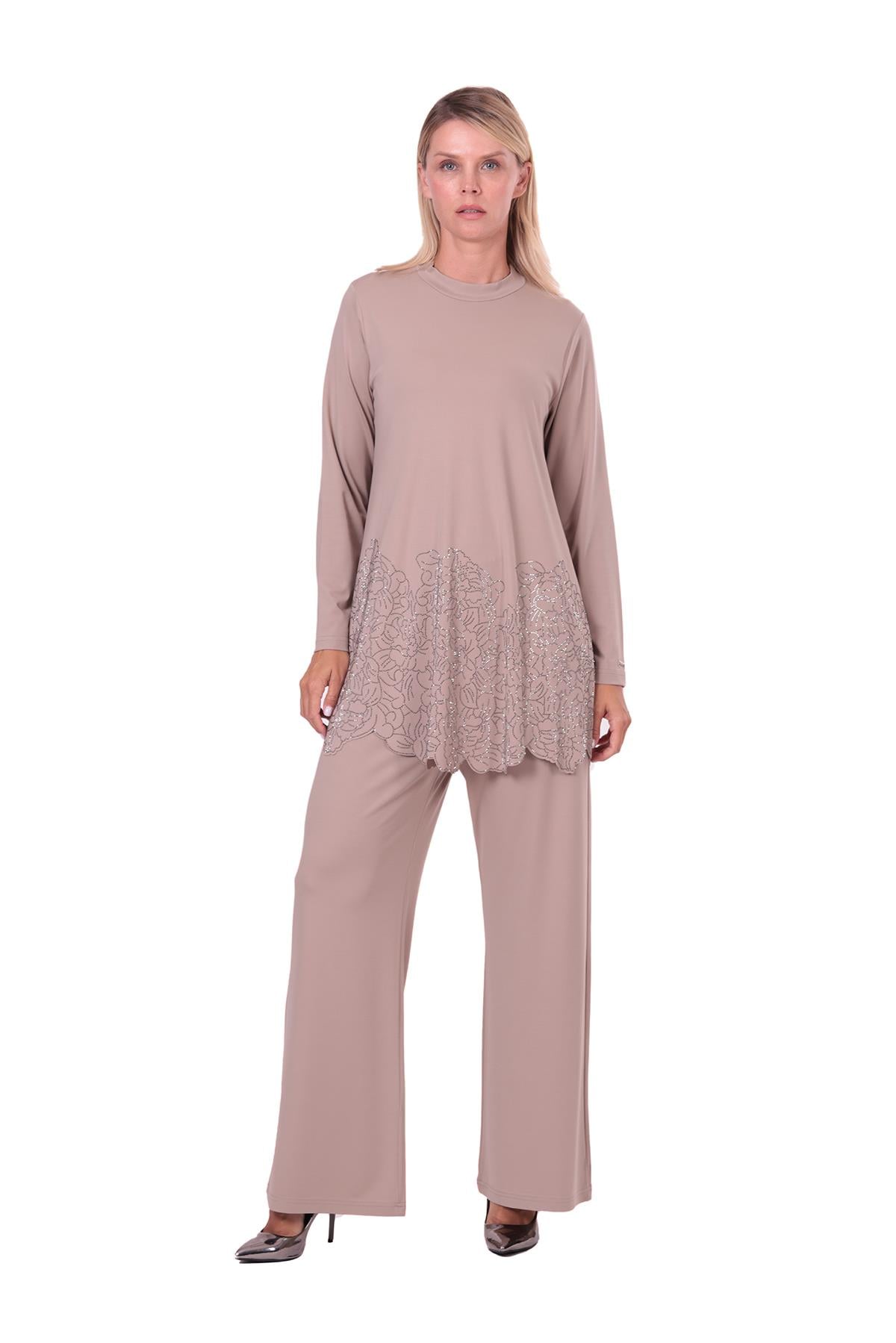 Gül Taşlı Rayon Penye Takım BEJ